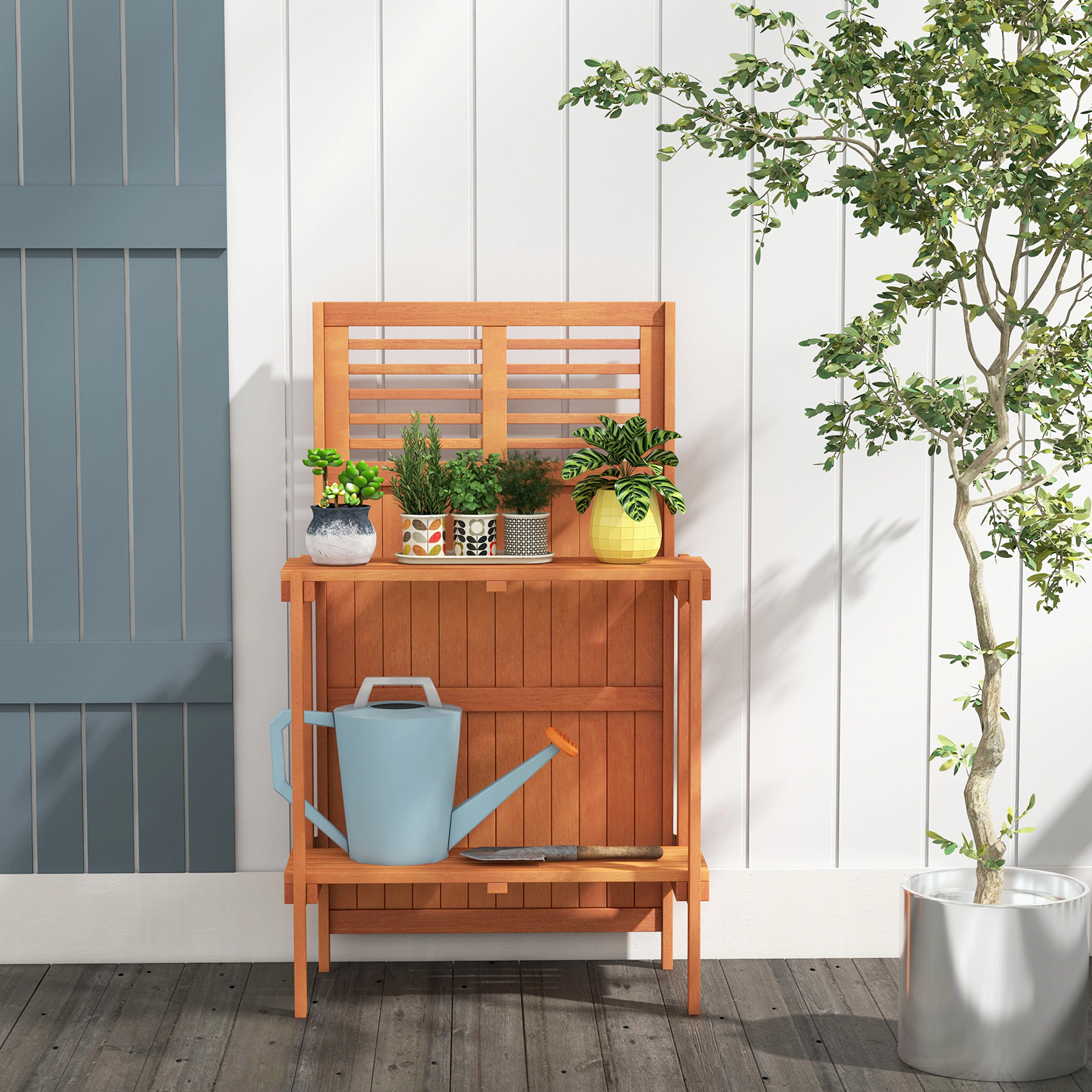 SUGIFT Folding Garden Potting Bench Outdoor Planter Table with 2-Tier Shelves 33-lb Capacity Natural