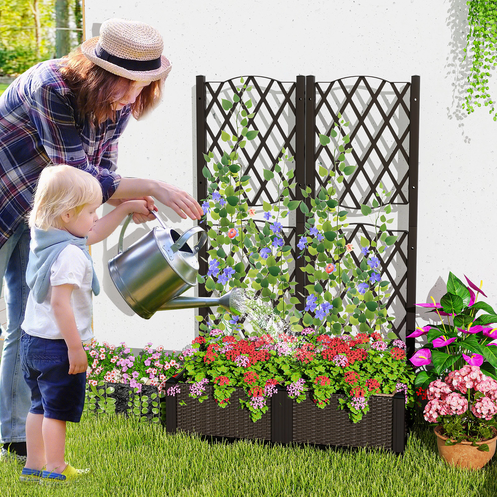 SlickBlue Rattan Style Raised Planter Box with Climbing Plant Trellis