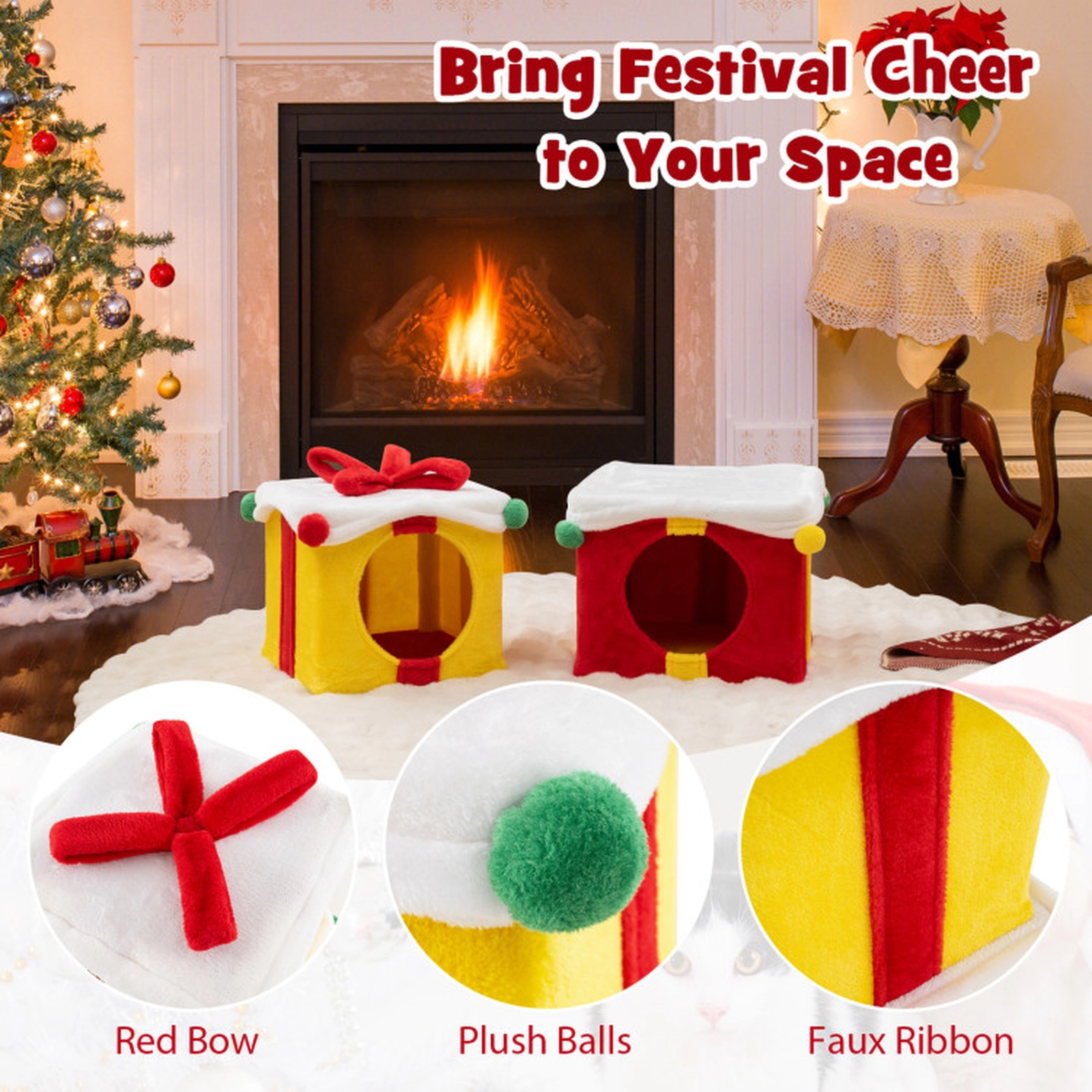 SUGIFT 2-Piece Gift Box Shaped Christmas Cat House with Stackable Double Condos 27-in Tall 22-lb Capacity Red and Yellow
