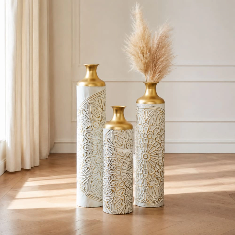 Toemoa Set of 3 Droplet Shaped Floor Metal Vase for Home Decoration