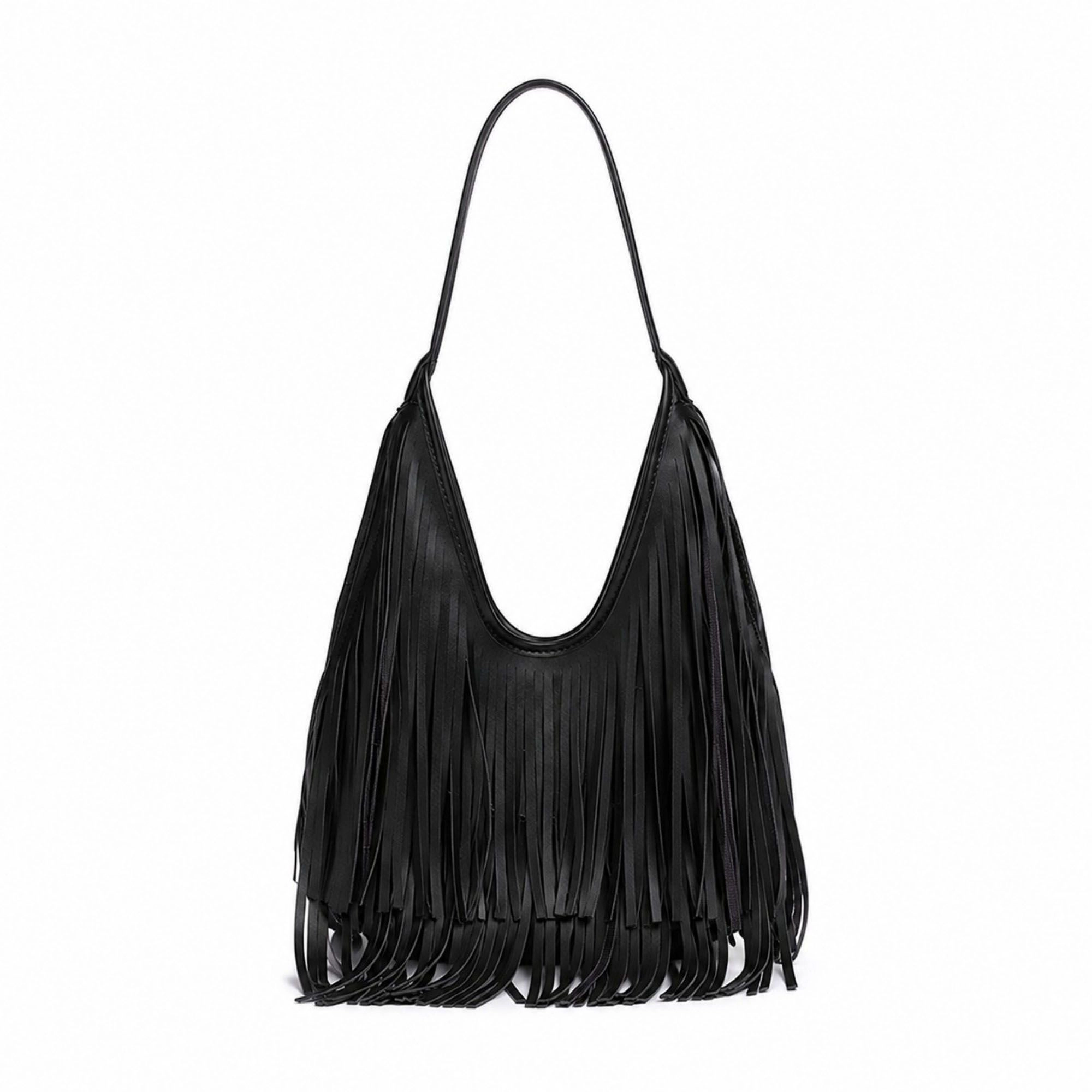 Alilang Women's Fringe Shoulder Bag Beige Suede Look Boho Hobo Purse with Long Strap