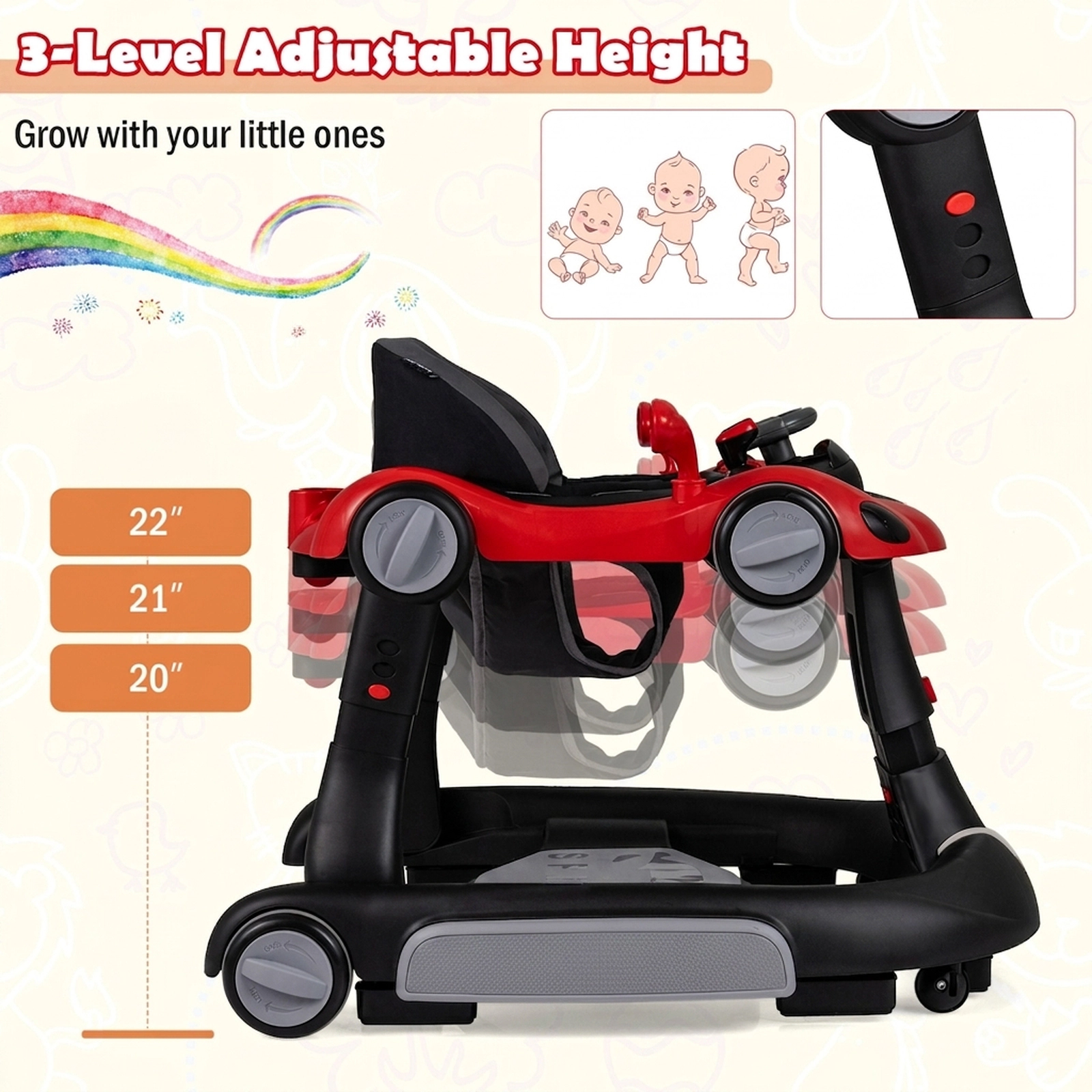 SUGIFT 6-in-1 Baby Walker Activity Center Bouncer Rocker Combo 27-lb Capacity Ages 7-18 Months Red