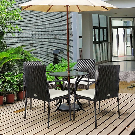 SUGIFT Set of 4 Patio Rattan Dining Chairs, Mix Brown, Off-White Cushions, 18-Inch Seat