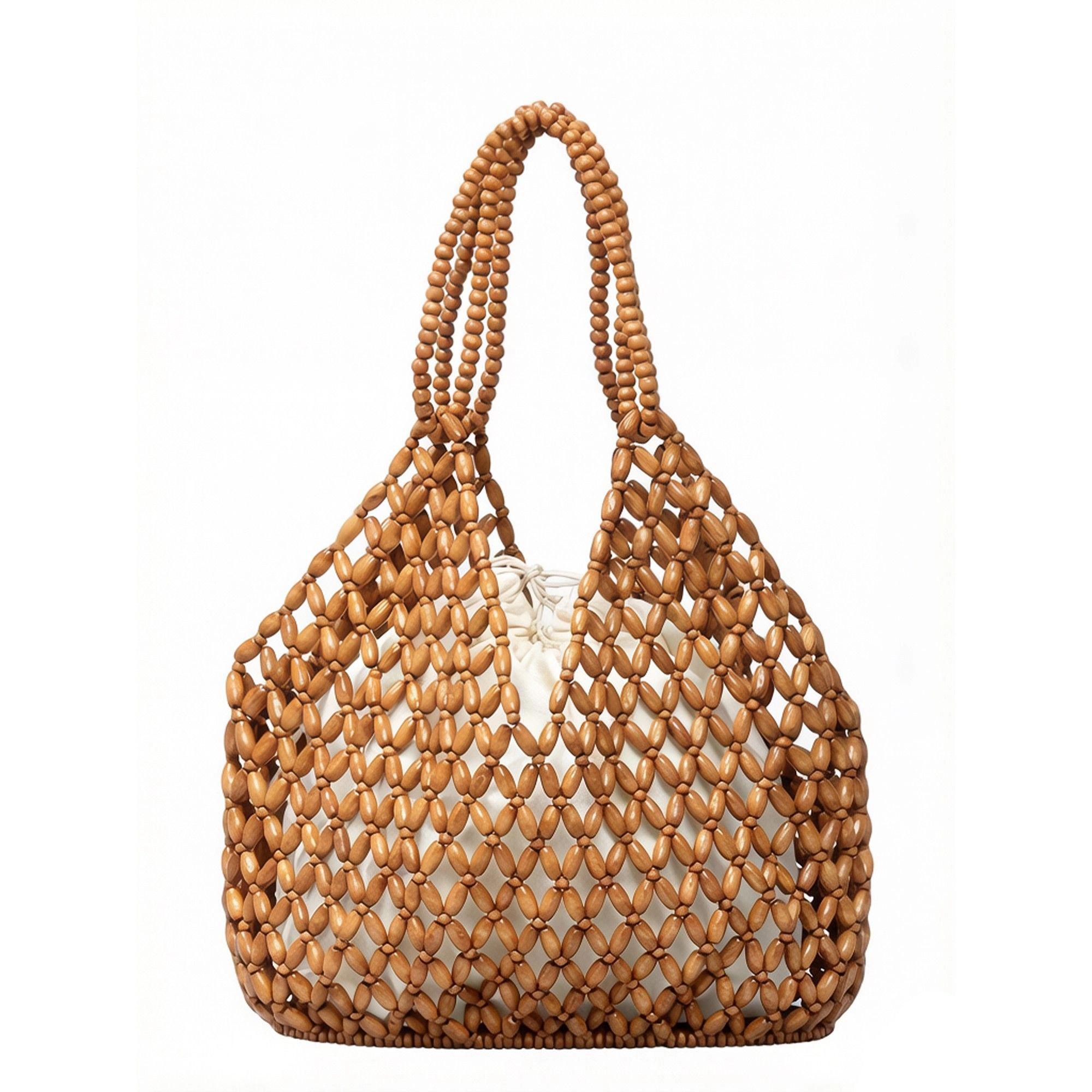 Alilang Women's Wooden Beaded Tote Bag with Inner Pouch Handmade Open Weave Shoulder Handbag Lightweight Carryall