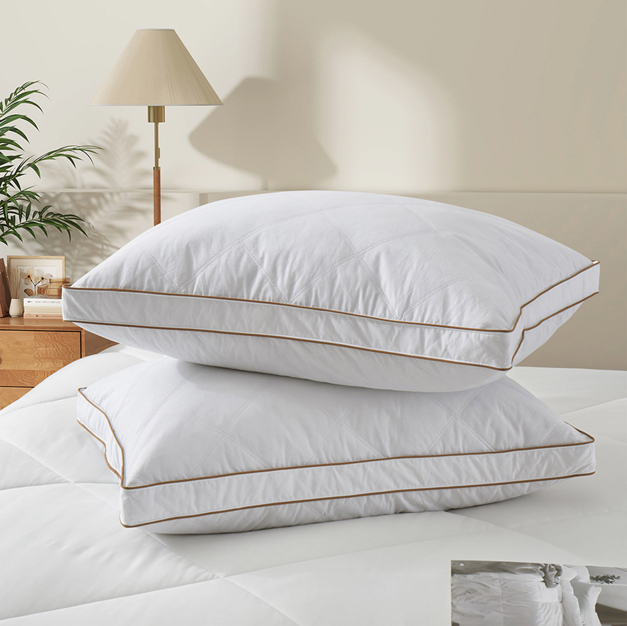 Unikome Quilted Gusseted Goose Down Feather Bed Pillow Set of 2, Medium Support
