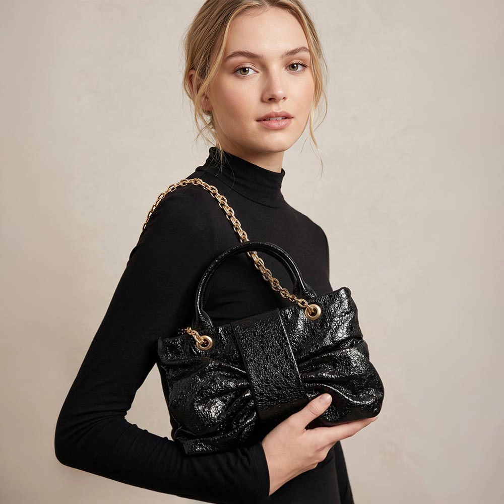 FASHNZFAB Sparkly Ruched Bow Accent Shoulder Crossbody Handbag