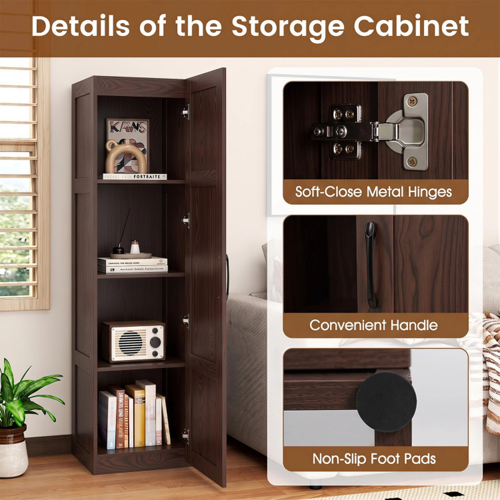 SUGIFT Single Door 4 Storage Shelves Tall Narrow Bathroom Floor Cabinet 16-in x 15-in x 59-in 110-lb Capacity Brown