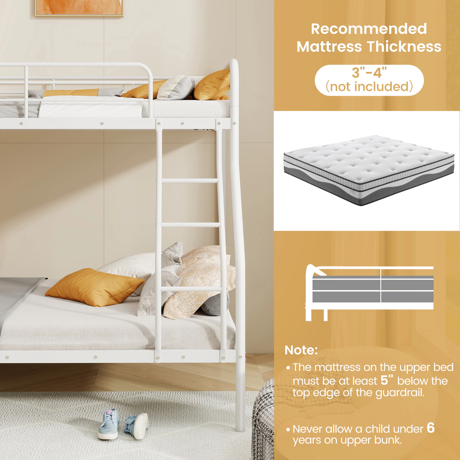 SUGIFT White Ladder and Full-Length Guardrails Twin Over Full Teens Metal Bunk Bed
