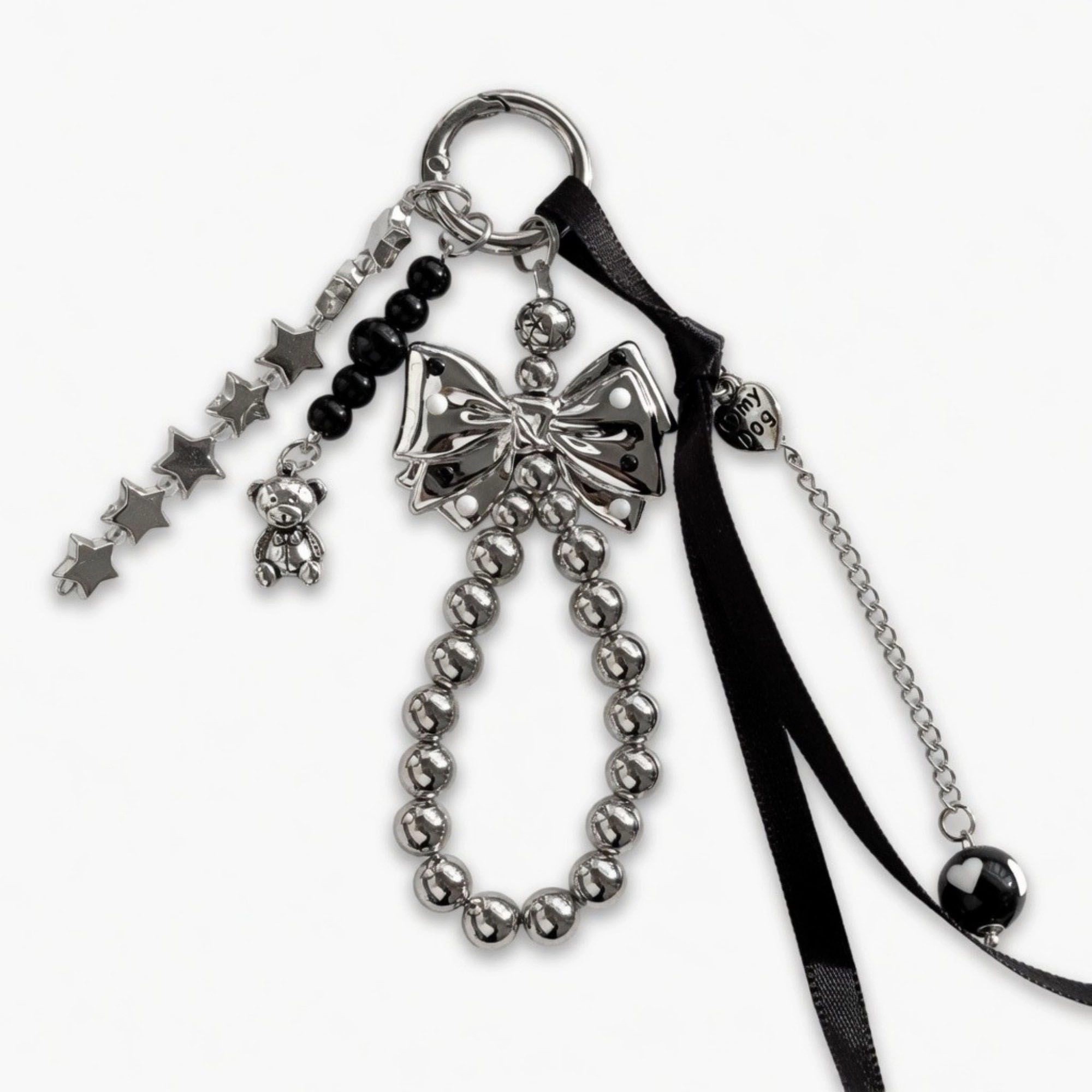 Alilang Women's Bow Beaded Charm Keychain with Star Chain Teddy Bear Pendant Ribbon Tassel Bag Charm Key Ring Accessory