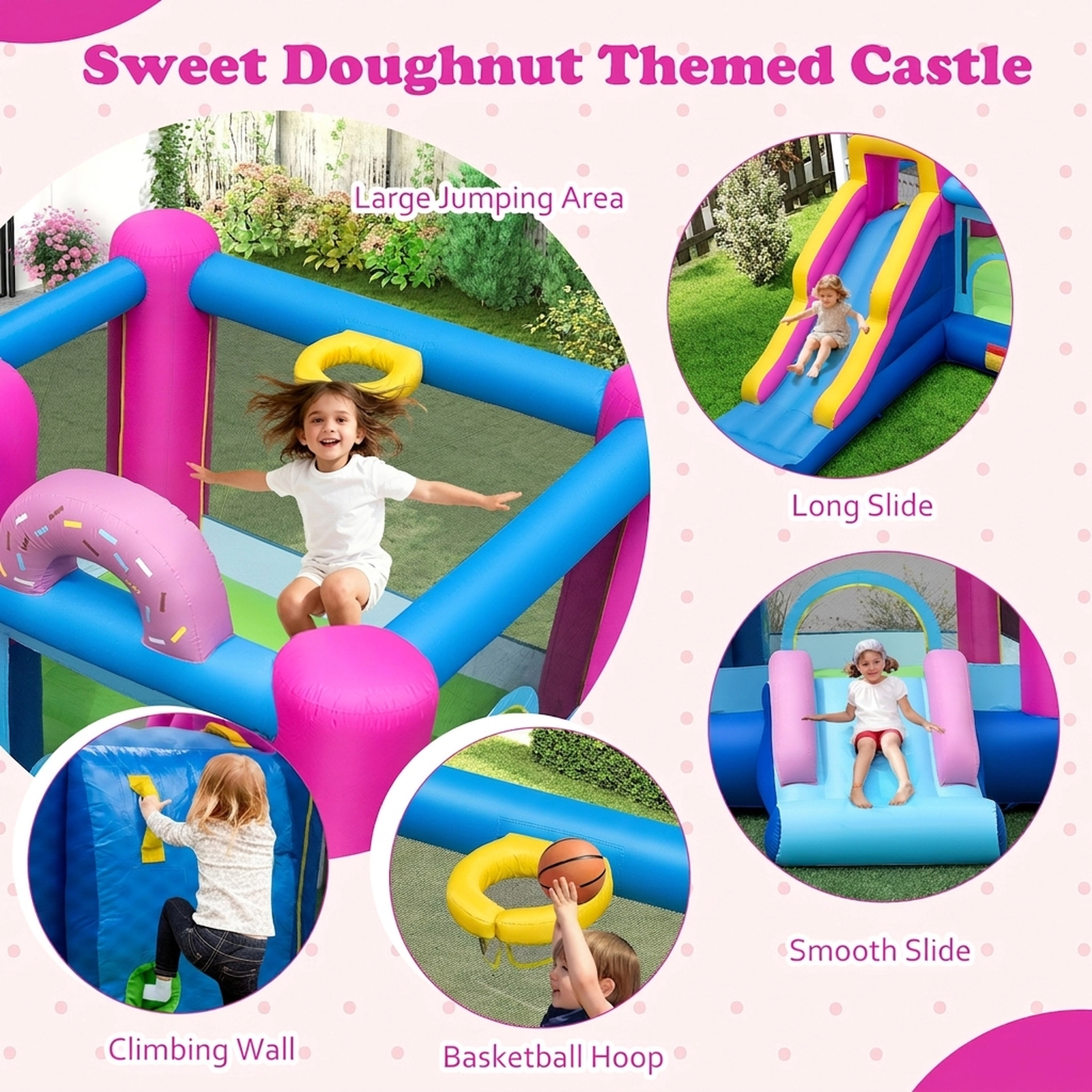 SUGIFT Kids Multicolor Bounce House with Dual Slides Basketball Hoop and 680W Blower 179-in W 100-lb Per Child