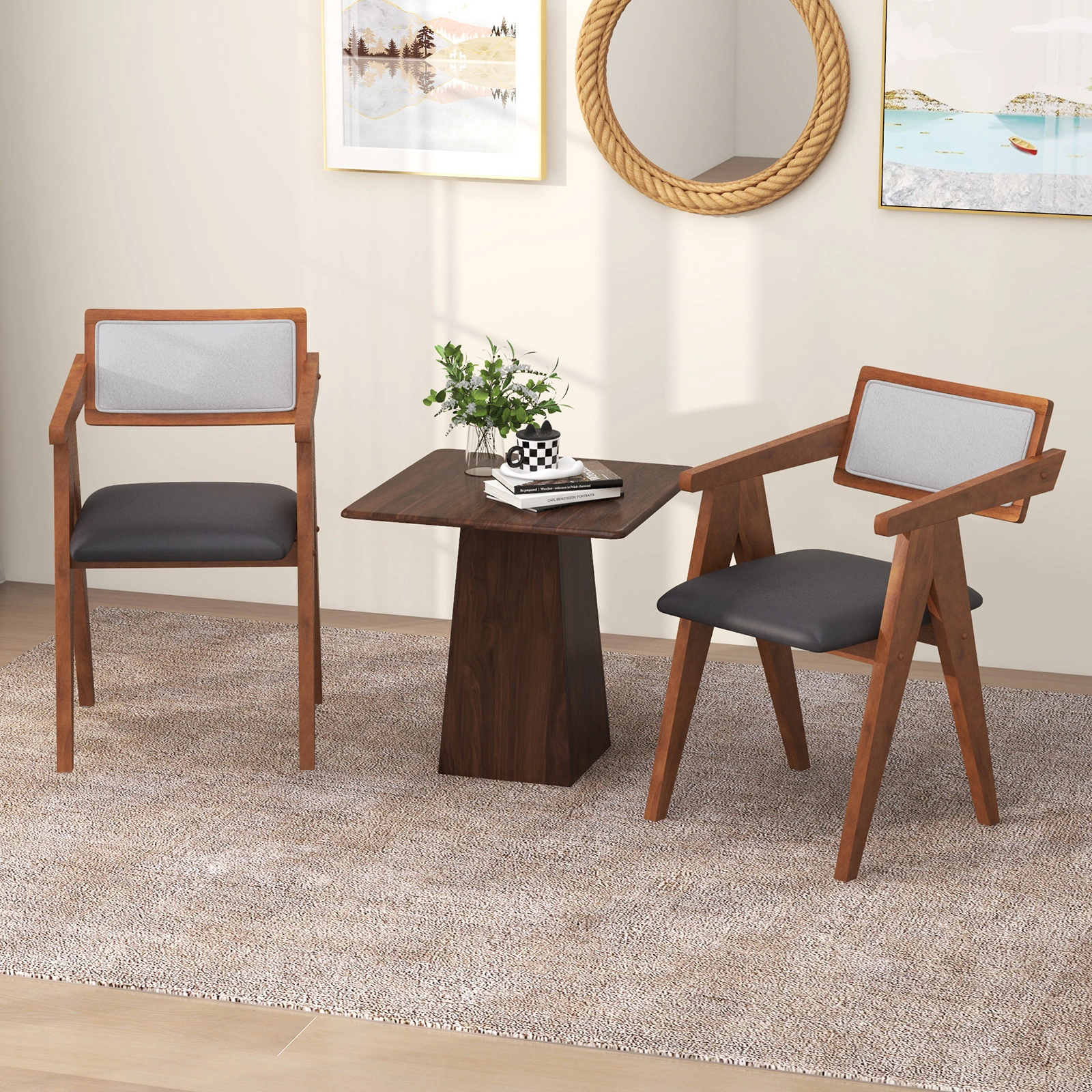 SUGIFT Set of 2 Mid Century Accent Chairs Walnut with Leathaire Seat and Sherpa Back