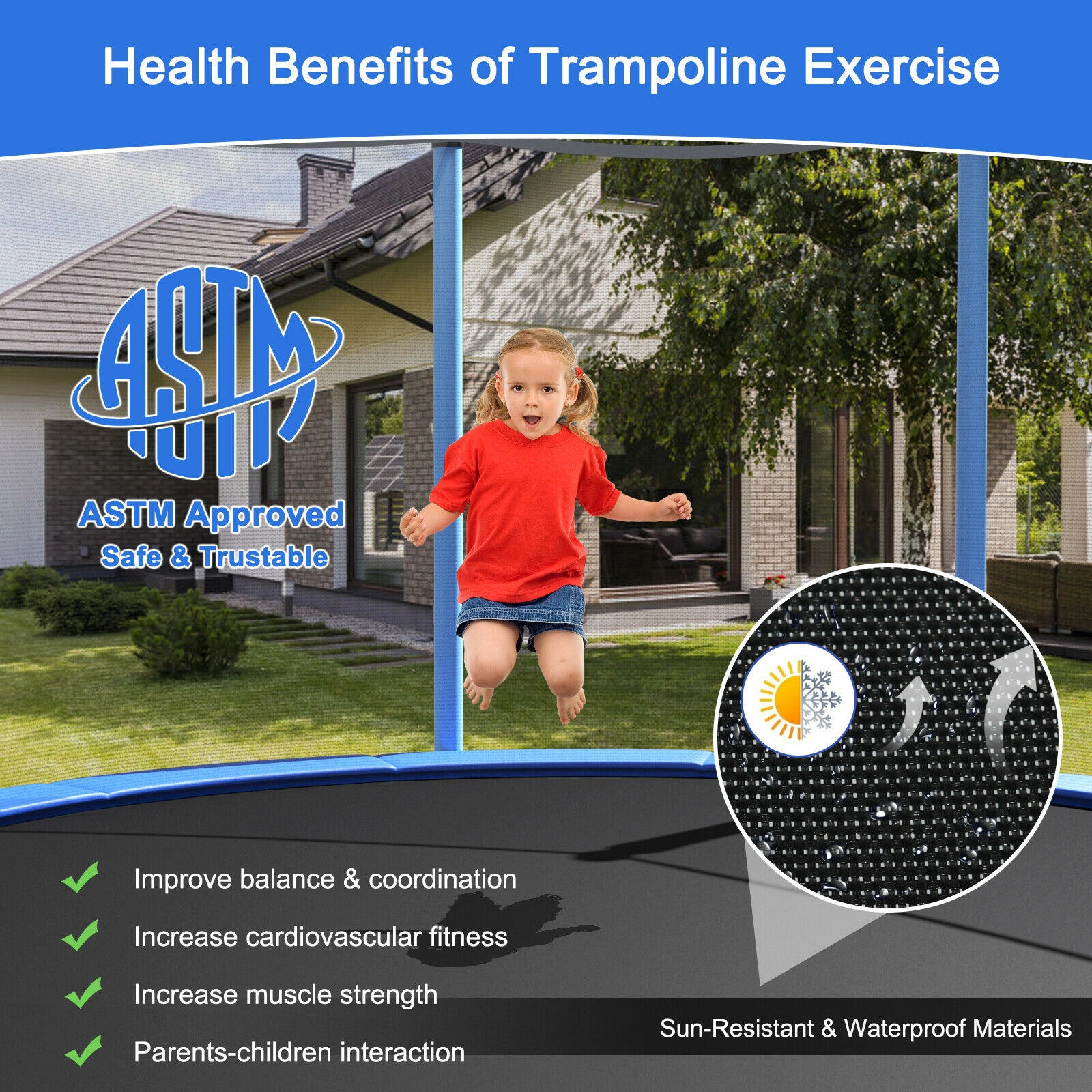 14-ft Trampoline Safety Enclosure Net Ladder Ages 6+ U-Shaped Legs ASTM Certified Outdoor Recreational Trampoline