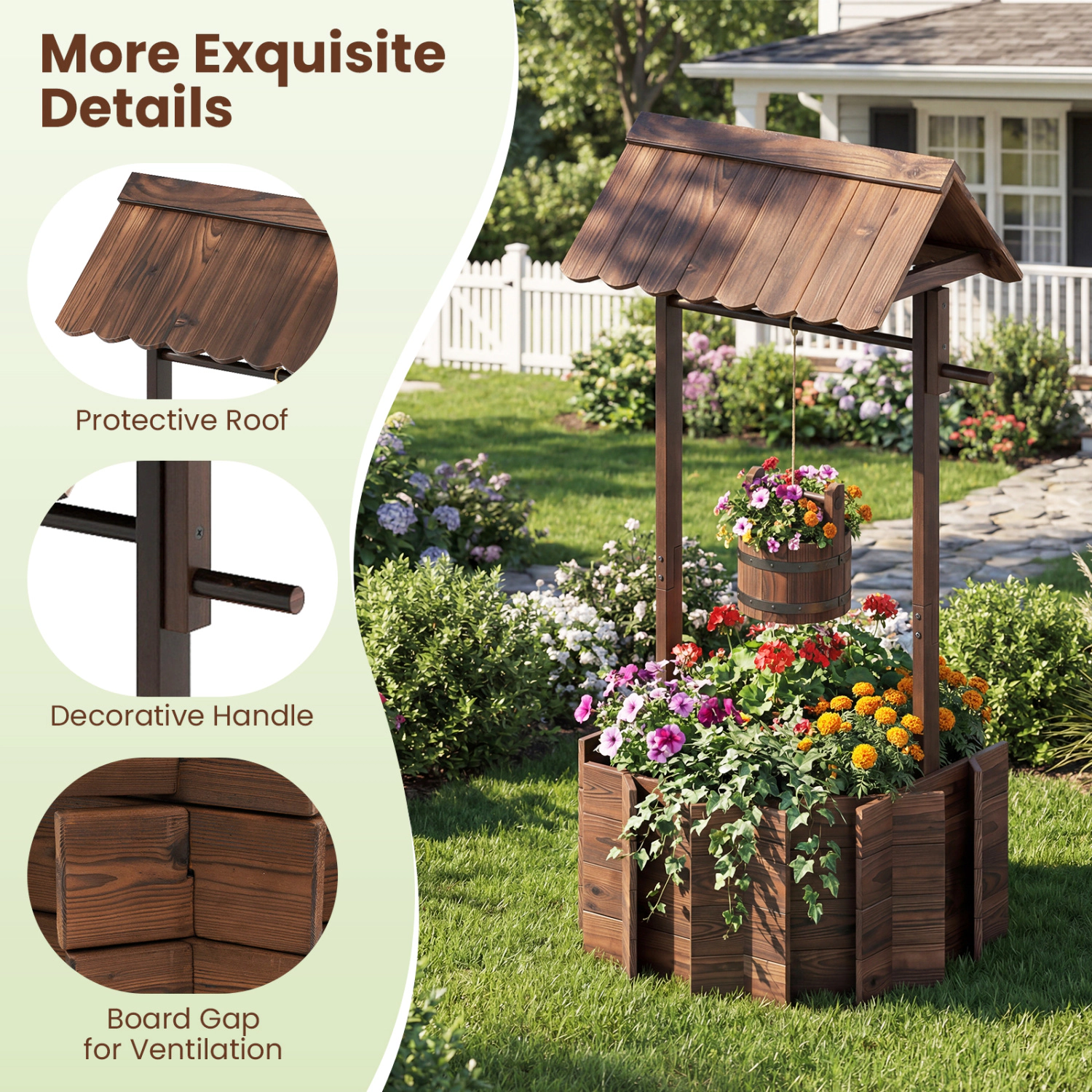 Hivvago Decorative Wooden Wishing Well Planter