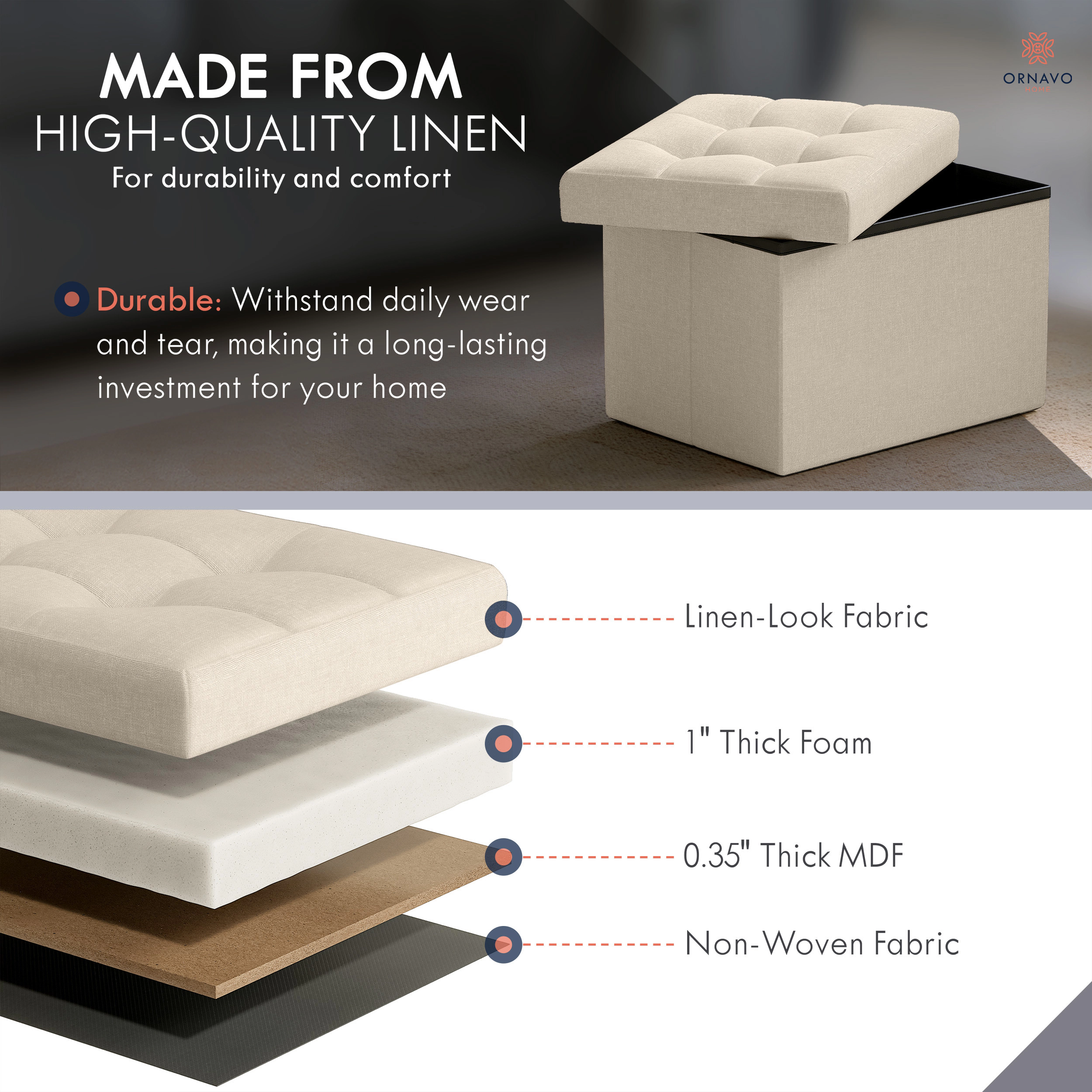 Ornavo Home Collapsible Small Rectangle Footrest Storage Ottoman - 12 x 16