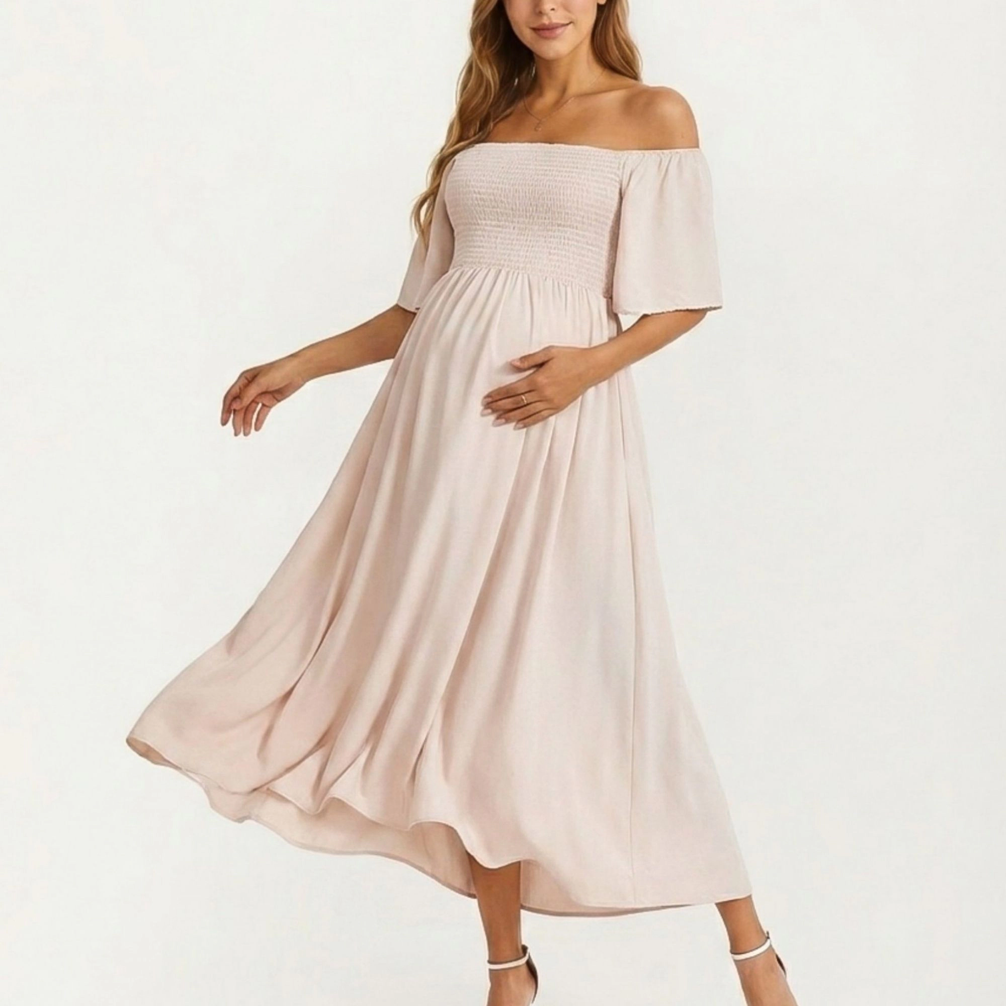 Anna-Kaci Women's Maternity Off Shoulder Smocked Short Sleeves Maxi Dress