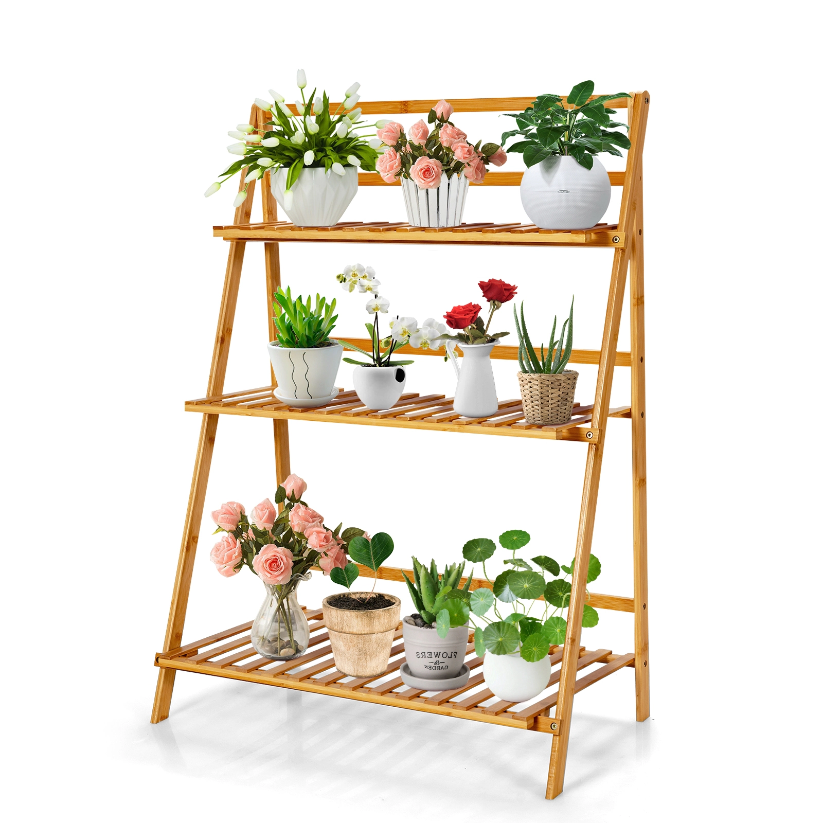 Slickblue 3 Tier Wooden Style Ladder Plant Rack Foldable Display Shelf for Indoor Outdoor Use
