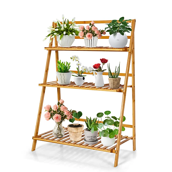 SUGIFT Natural 3-Tier Foldable Bamboo Plant Stand with Open Ladder Shelves 27.5-in W 15-in D 37.5-in H