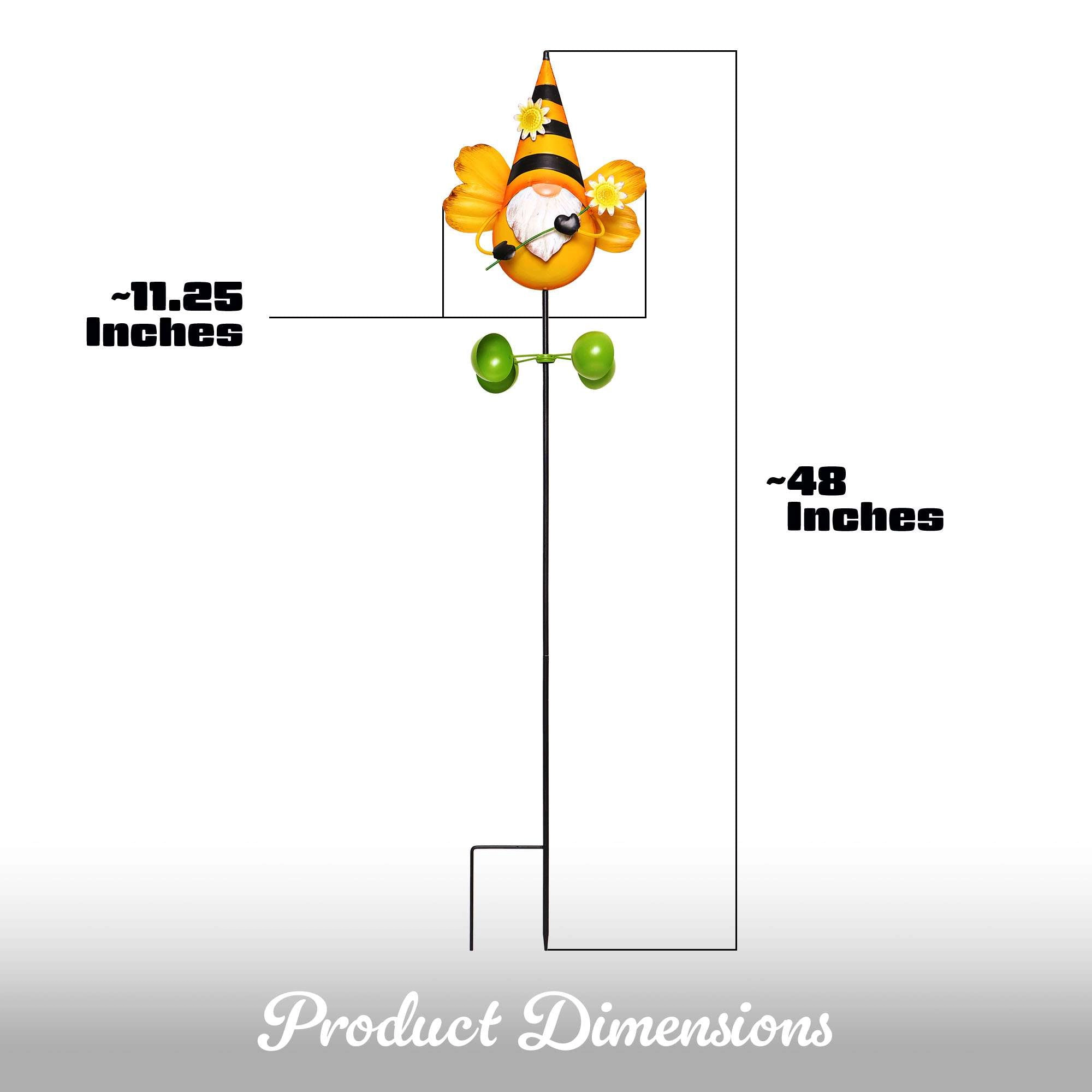 G128 48in Metal Gnome Bee Wind Spinner Stake - 360° Swivel Garden Ornament for Patio Lawn