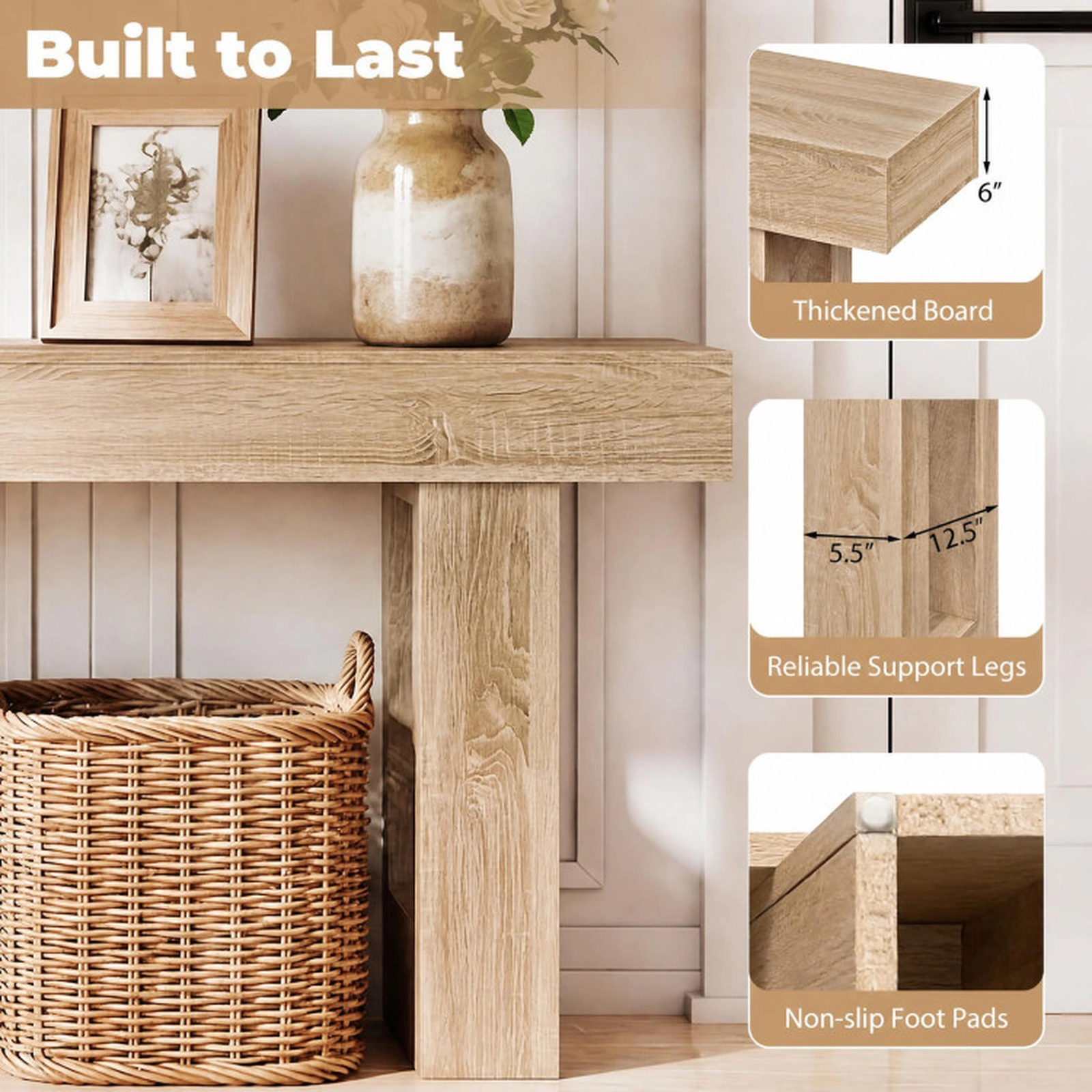 SUGIFT 63-in 135-lb Capacity Natural Farmhouse Behind Couch Console Table with Thickened Board Top