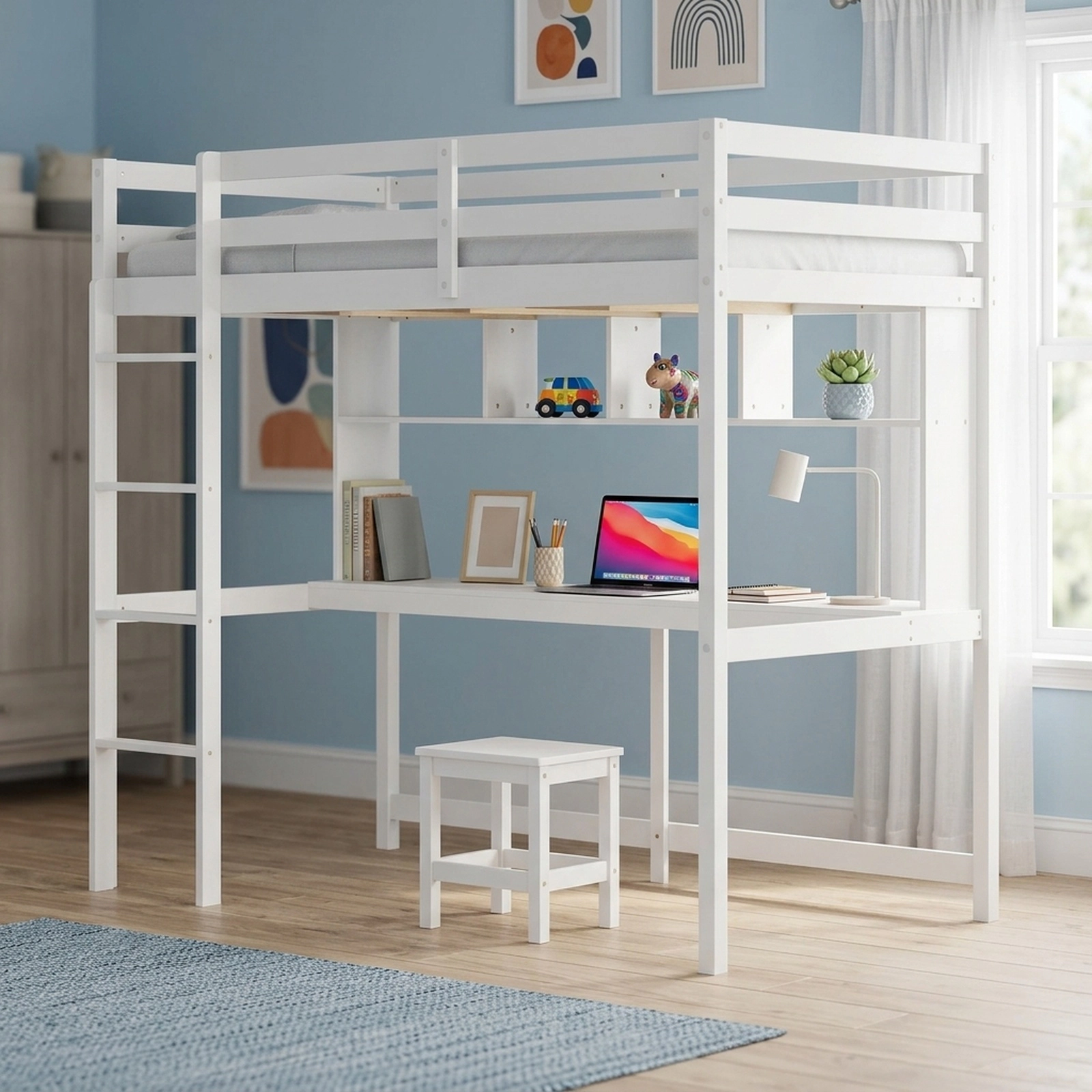 SUGIFT Twin Loft Bed with Desk and Shelves, White Pine Frame, 250-lb Capacity