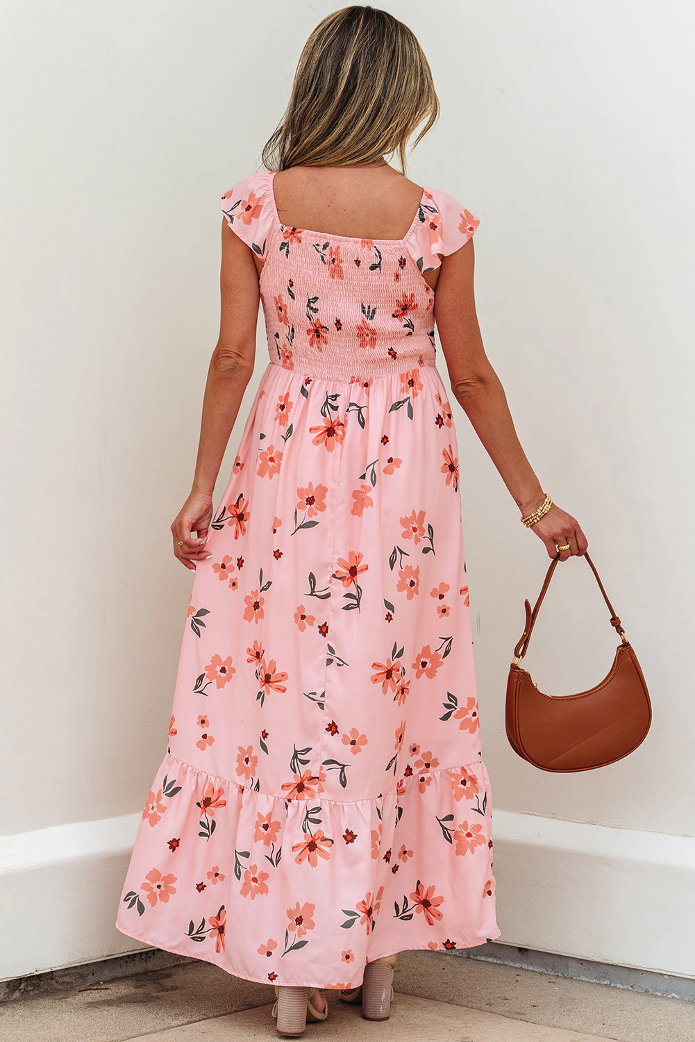 Threaded Pear Women's Clare Floral High Waist Ruffle Hem Long Dress
