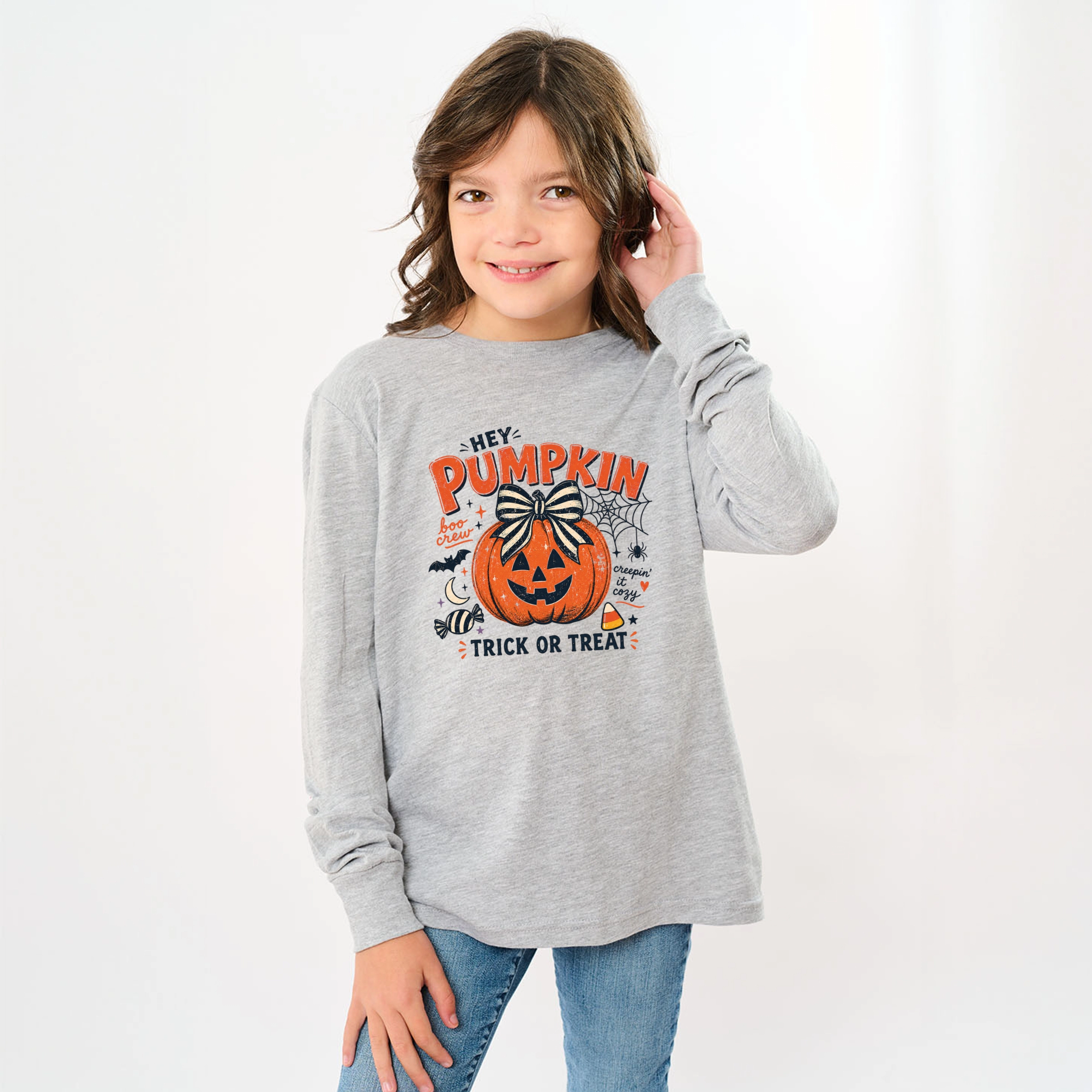The Juniper Shop - Youth Long Sleeve Graphic T-Shirt Hey Pumpkin Trick or Treat