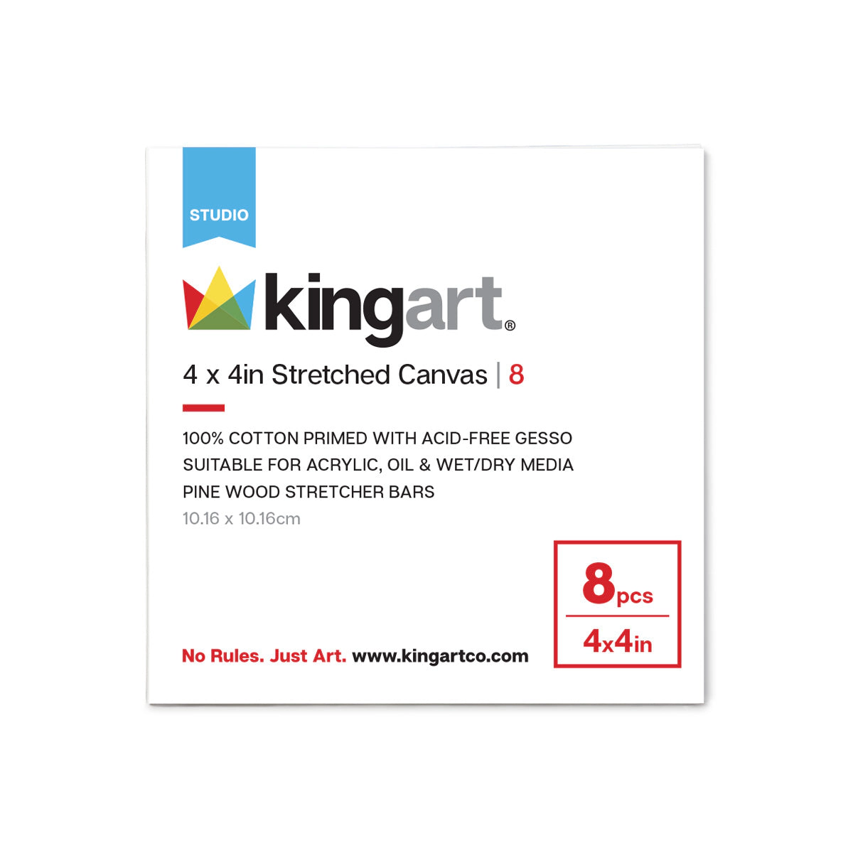 KINGART Stretched White Canvas 4" x 4" - 8 Pack - 100% Cotton, Pre-Primed