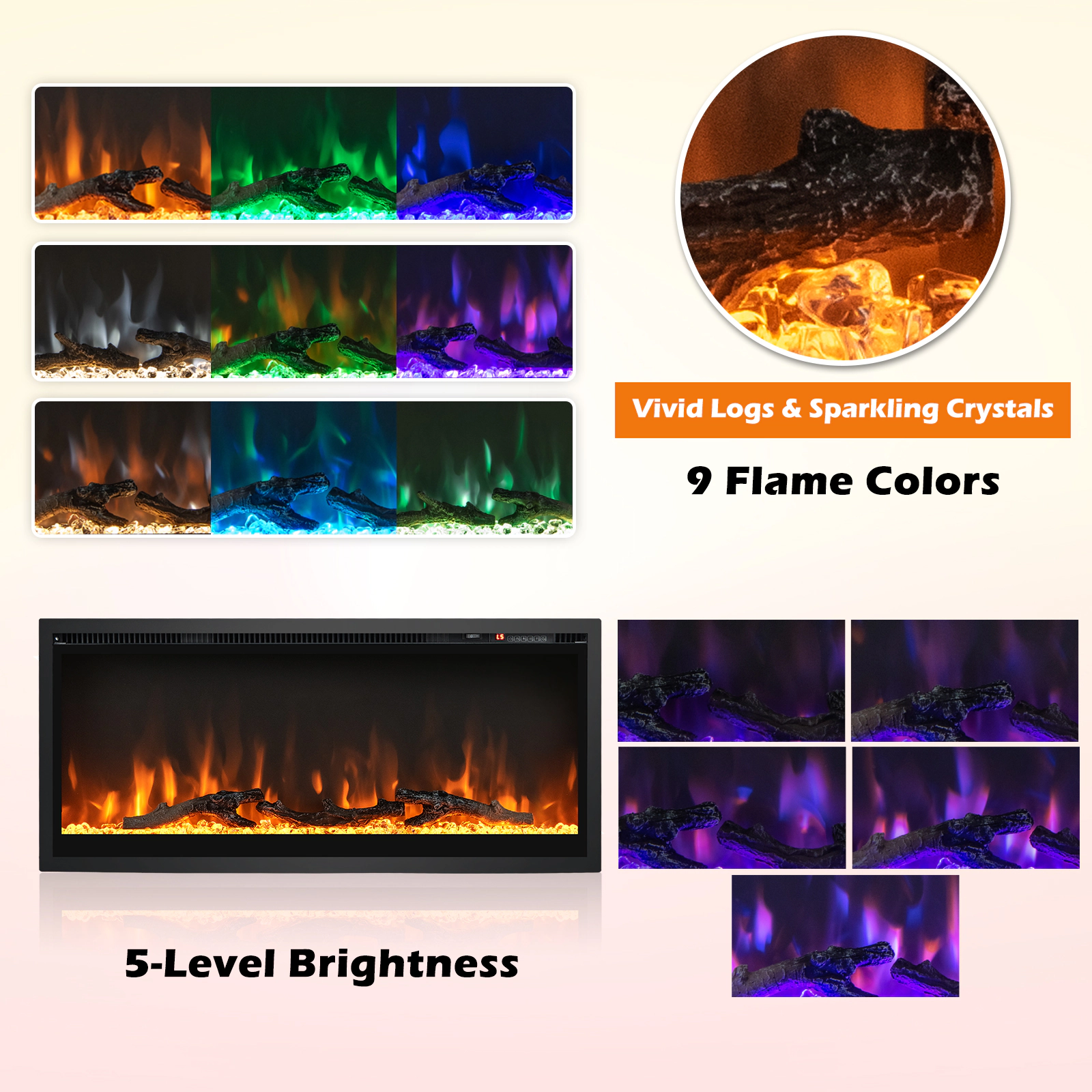 LJG Electric Fireplace in-Wall Recessed with Remote Control and Adjustable Color and Brightness