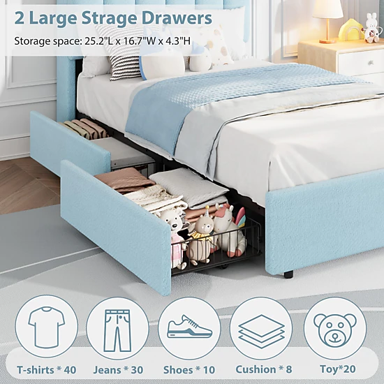 Boucle Upholstered Platform Bed with Wavy Storage Headboard, RGB LED ...