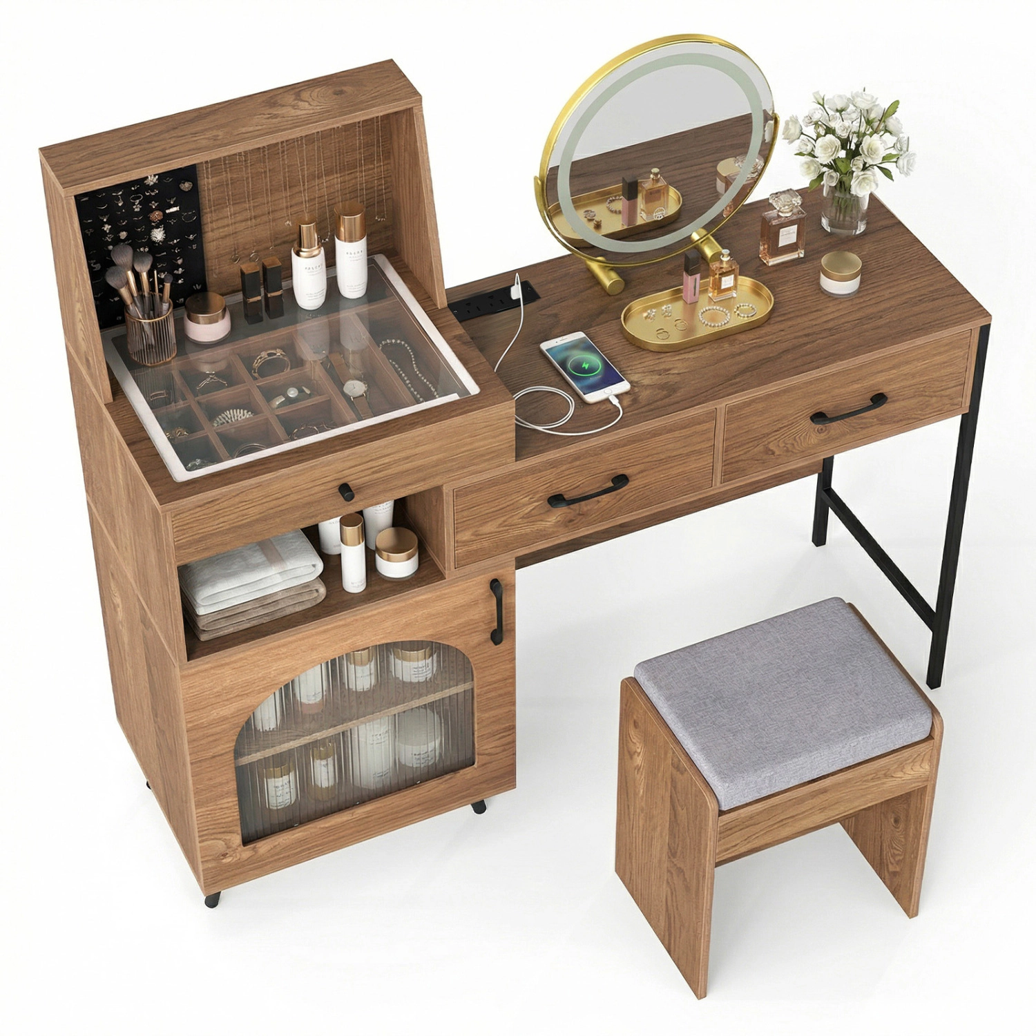 LJG Vanity Desk with Mirror & Lights Ring Slots Necklace Hooks for Makeup