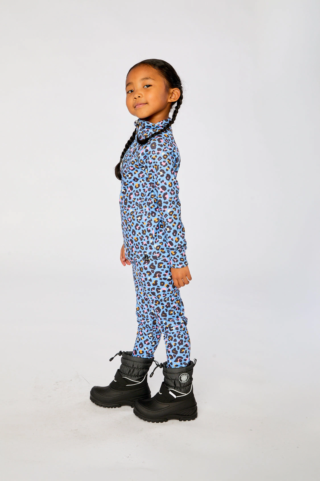 Deux par Girls Two Piece Leopard Print Half-Zip Thermal Underwear Top and Pants Set
