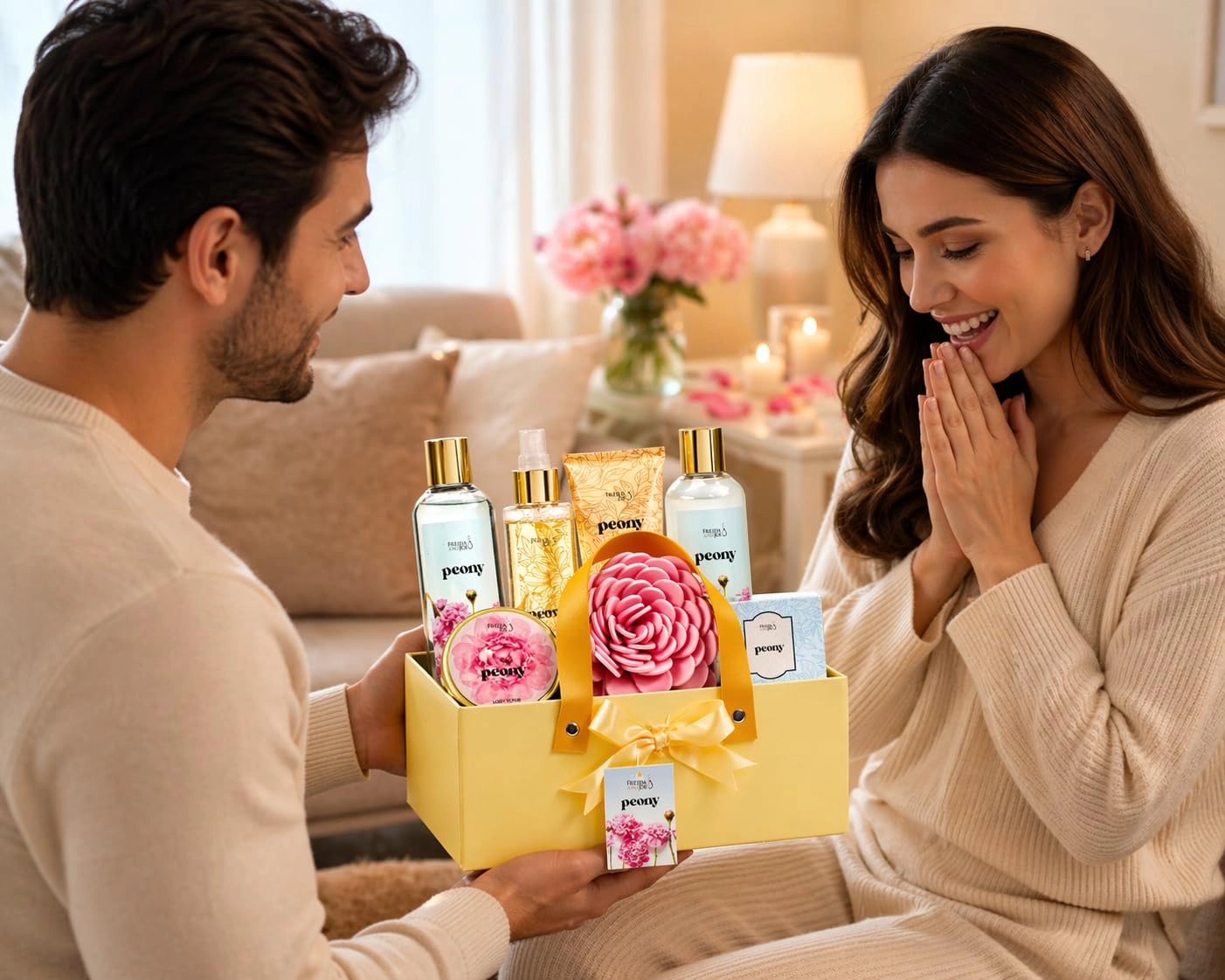 Freida & Joe Peony Bath & Body Spa Gift Set in Yellow Basket