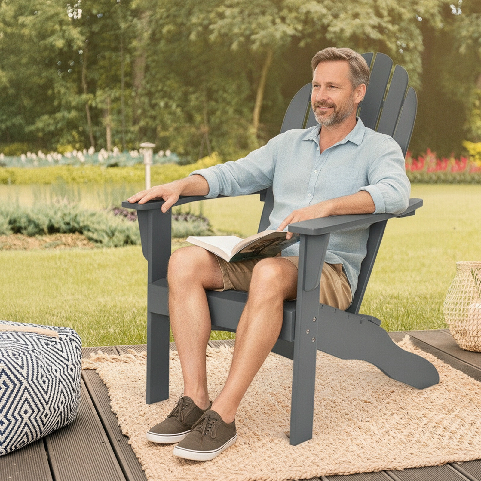 SUGIFT Gray Acacia Wood Adirondack Chair, Slatted Back, Galvanized Hardware, Outdoor Patio