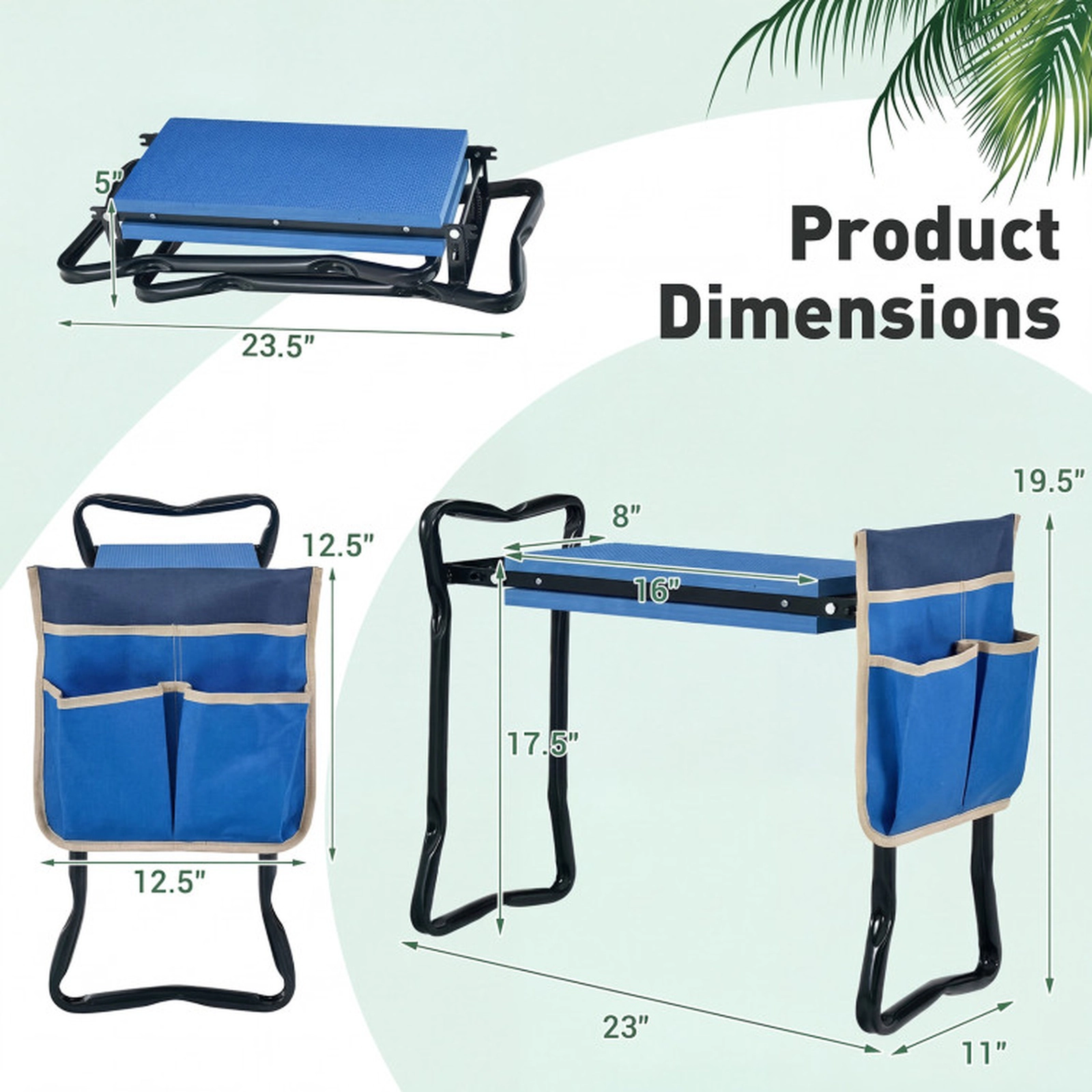 SUGIFT Folding Steel Frame Handle EVA Seat Pad Garden Kneeler Stool 23-in x 11-in x 19.5-in 300-lb Capacity Blue