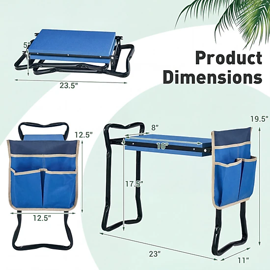 SUGIFT Folding Steel Frame Handle EVA Seat Pad Garden Kneeler Stool 23-in x 11-in x 19.5-in 300-lb Capacity Blue