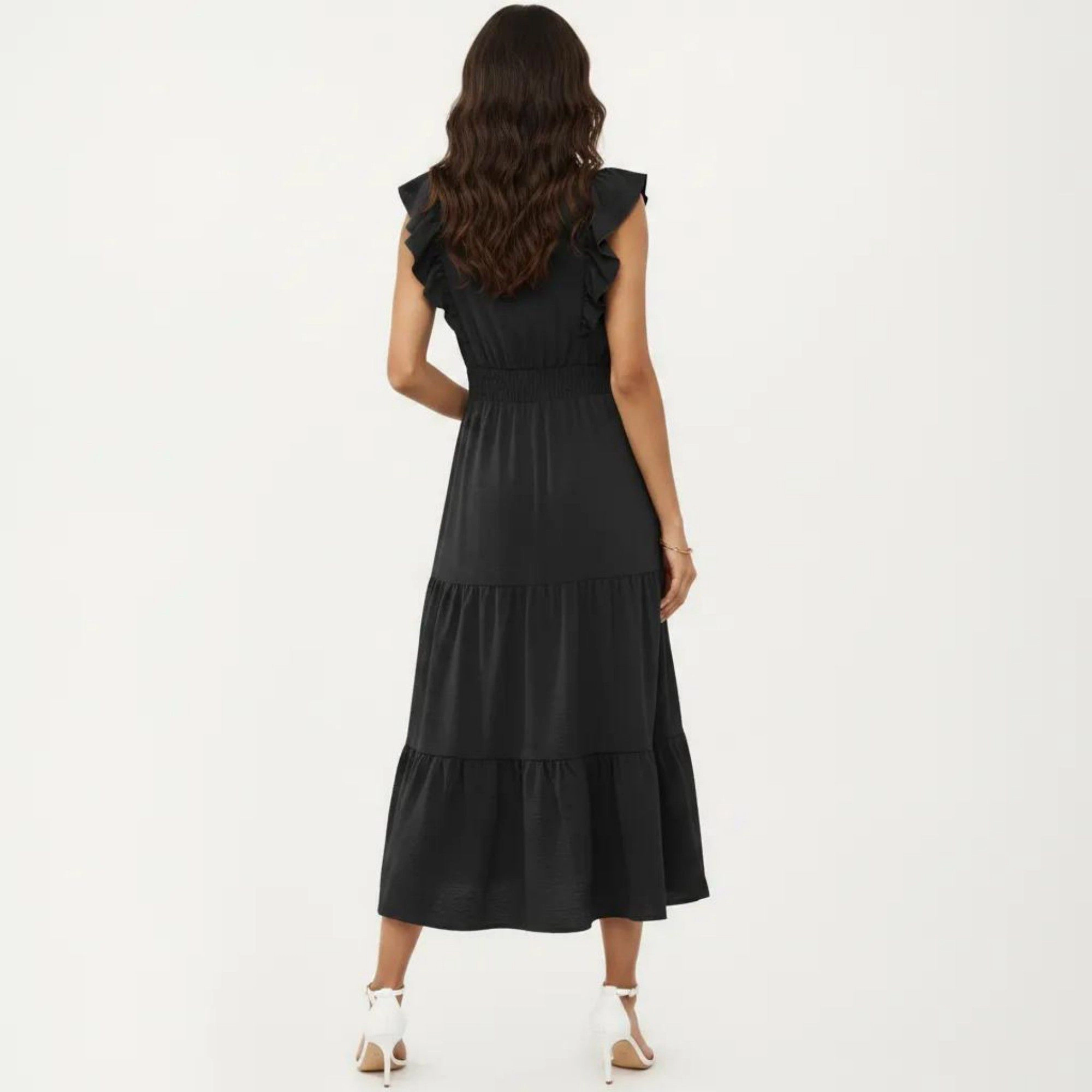 Anna-Kaci Women's Tiered Ruffle Sleeve Smocked Waist Midi Dress