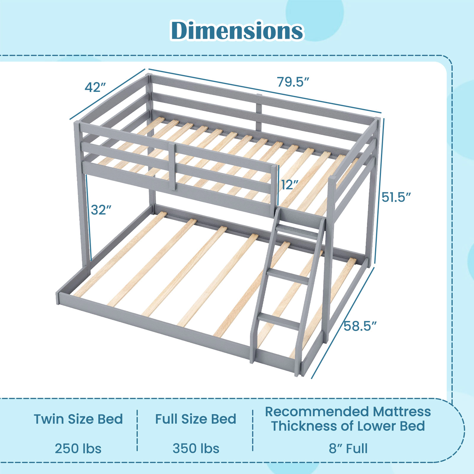 SUGIFT Twin Over Full Low Floor Bunk Bed Frame Guardrails & Ladder 250-lb Upper 350-lb Lower Capacity Gray/White/Natural