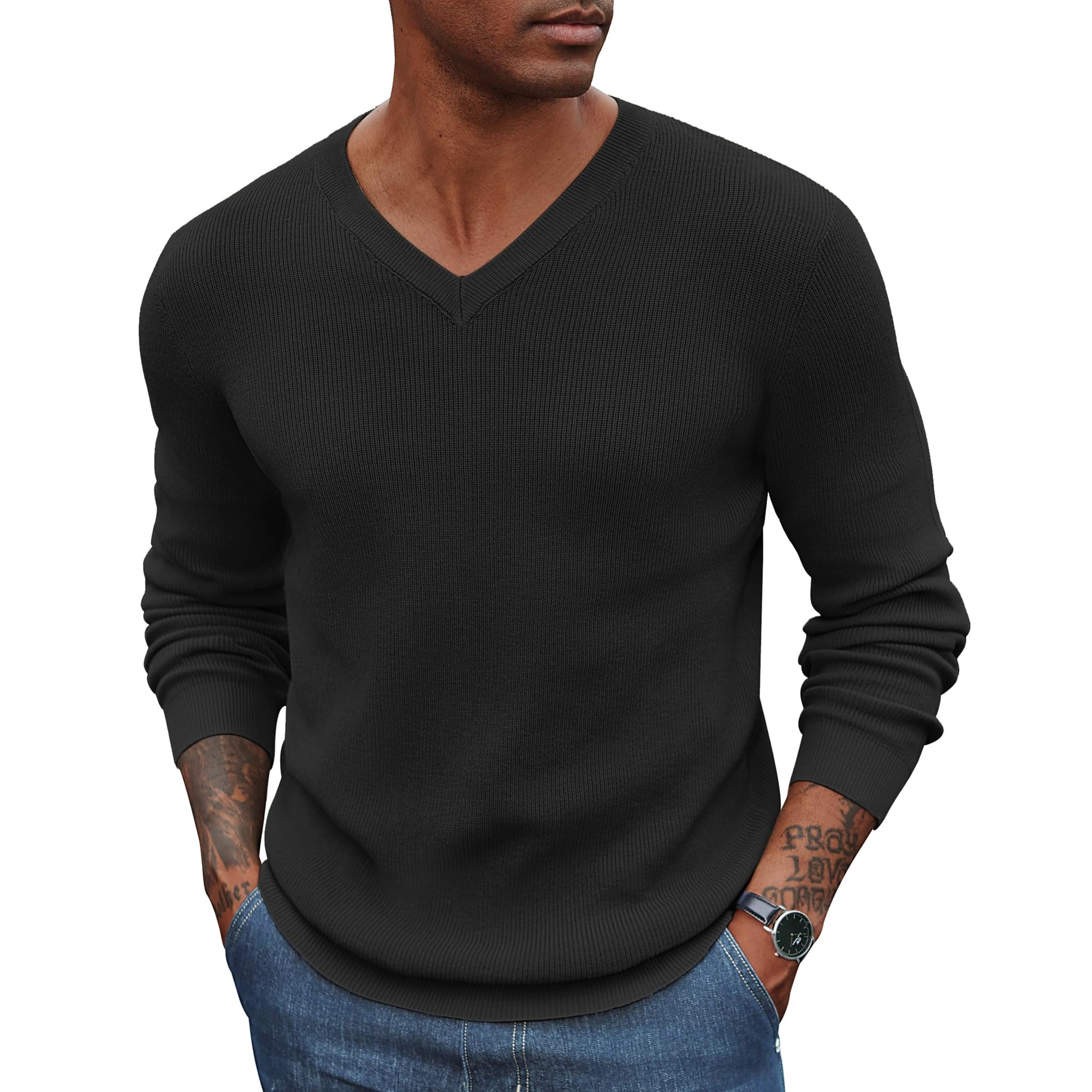 COOFANDY Mens Fall V Neck Long Sleeve Sweater Solid Color Curved Hem Pullover Tops