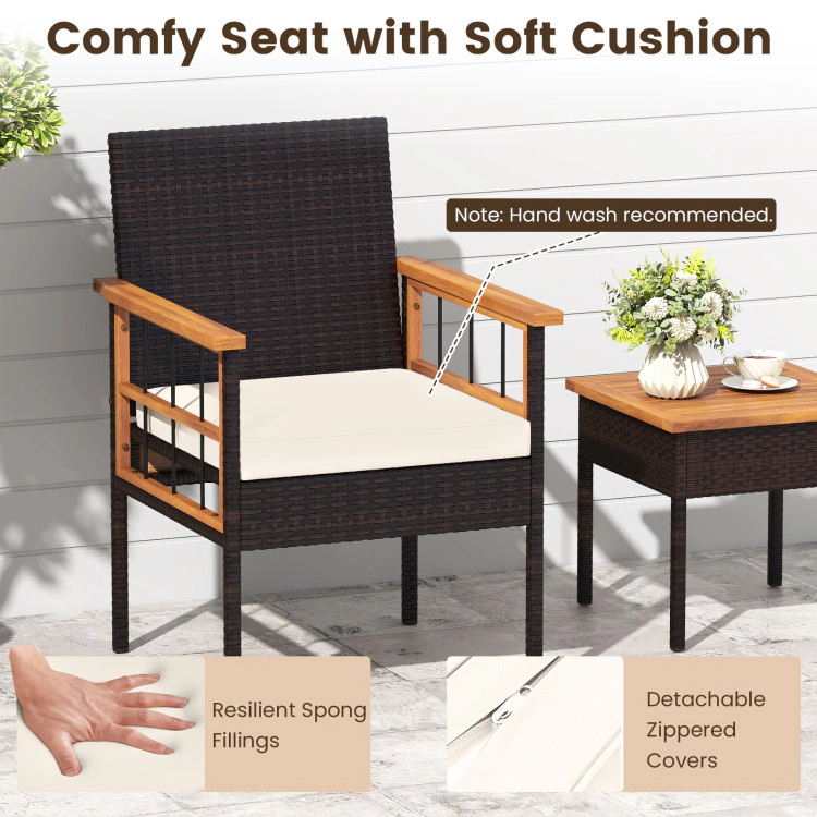 Hivvago 3 Piece Wicker Furniture Set With Acacia Wood Tabletop And Armrest For Balcony