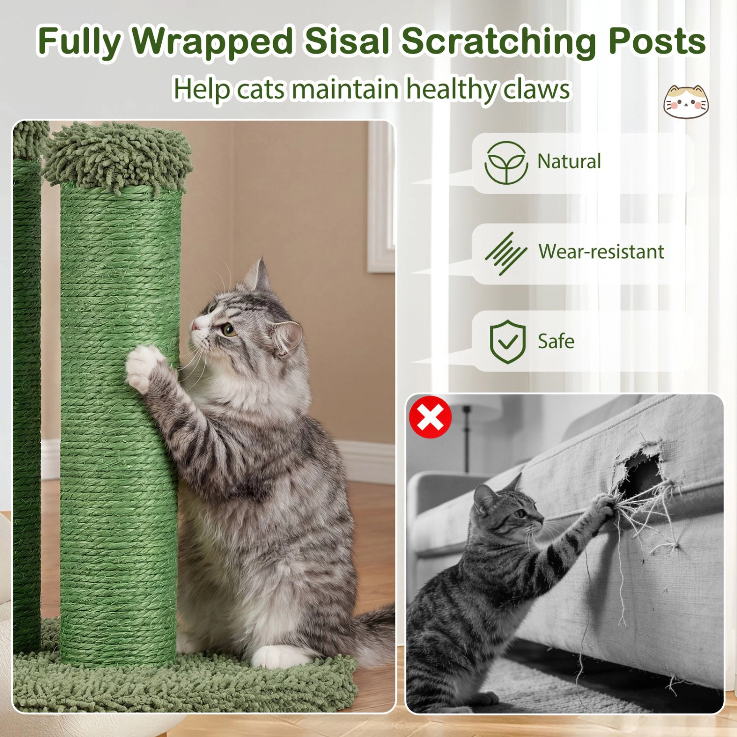SlickBlue 22 Inch Cat Scratching Post with Cactus Design & Toy