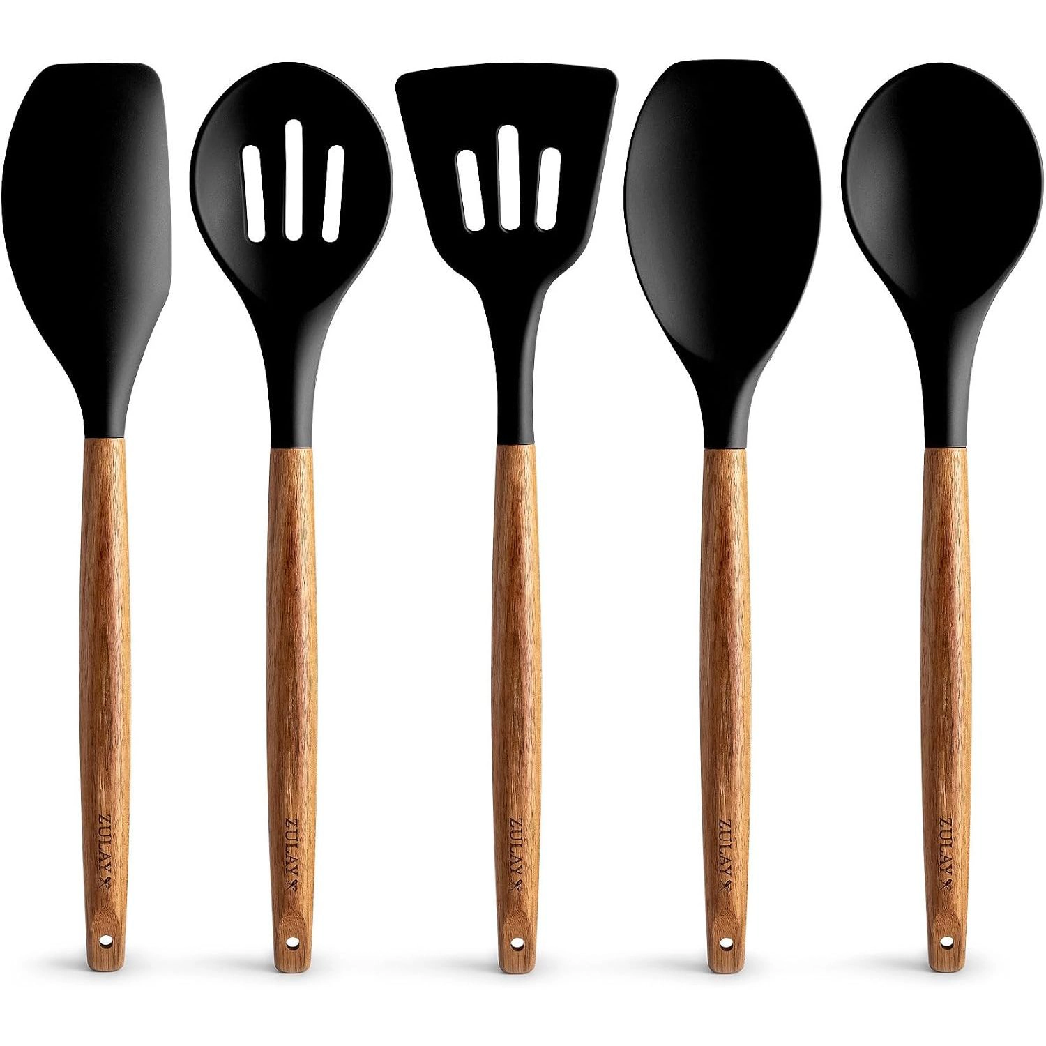 Zulay Kitchen Utensils Set Non-Stick Silicone Cooking with Authentic Acacia Wood Handles 5 Piece