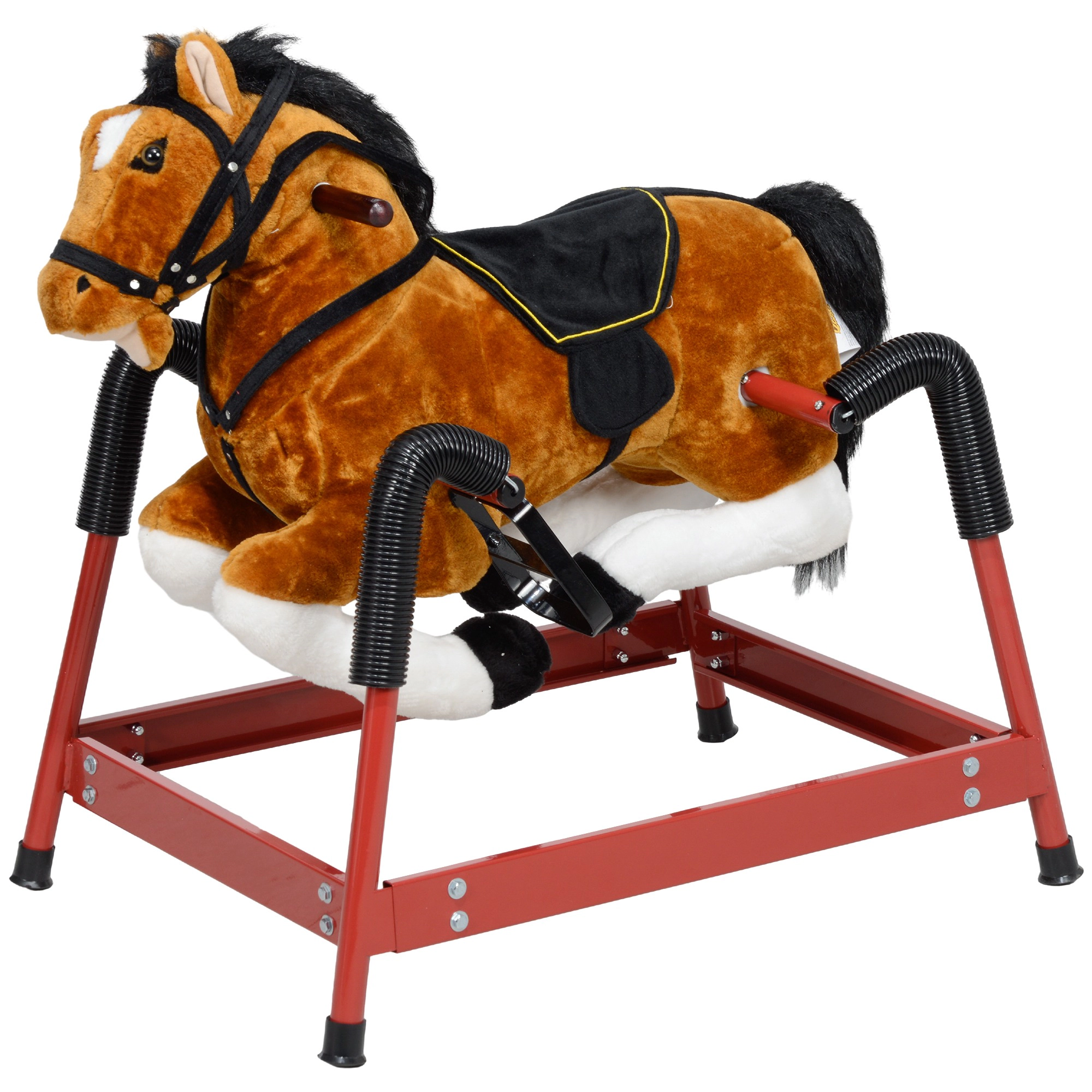 HONGGE Spring Rocking Horse Toy with Sound Effects & Foot Stirrups, Plush Ride-On Horse for Kids Ages 3-8, Brown