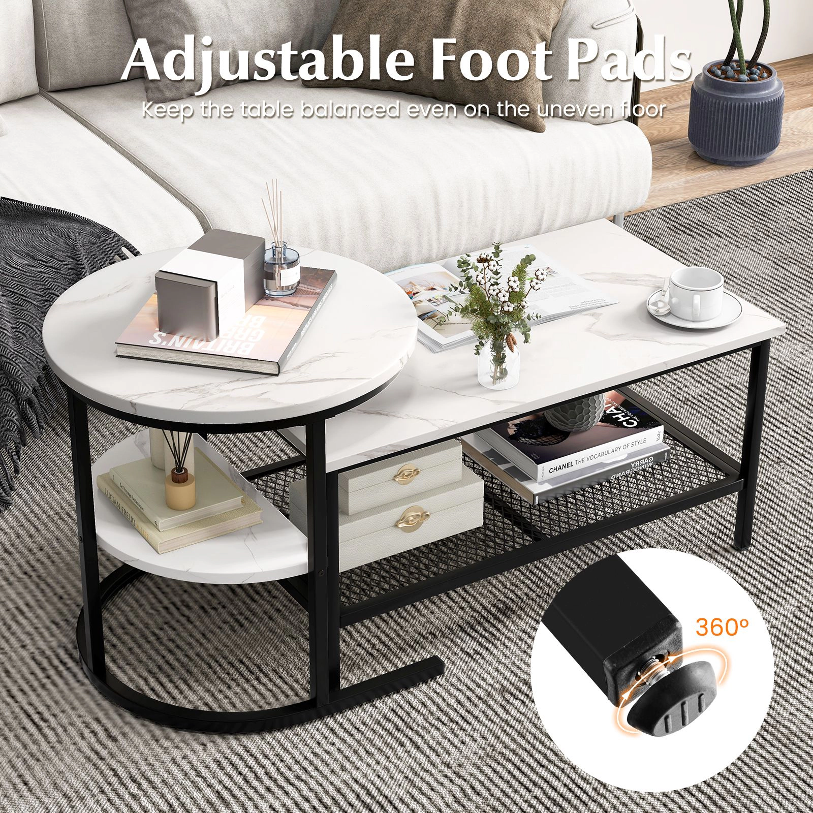 SlickBlue Nesting Coffee Table Set with Faux Marble Tops and Shelf