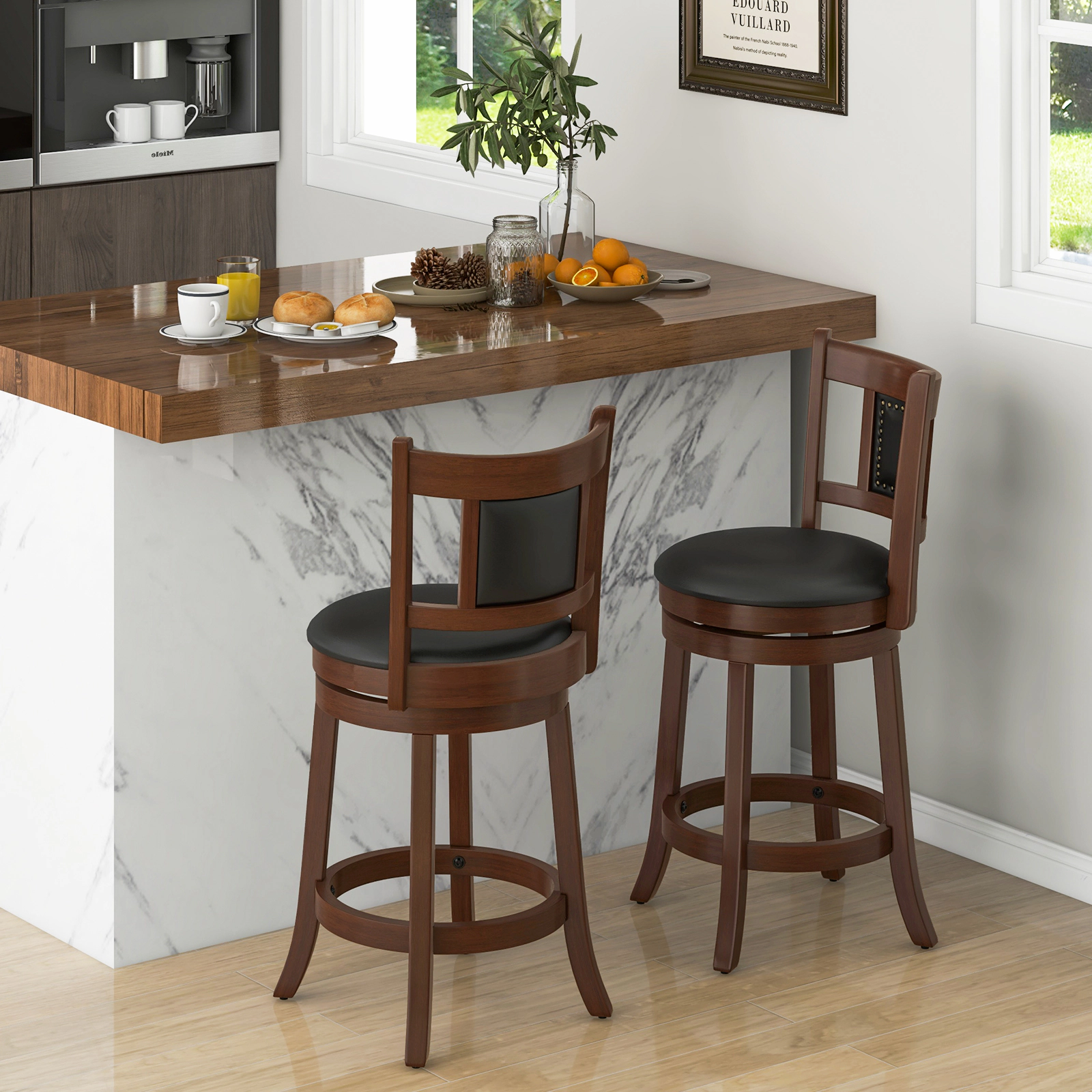 SUGIFT Swivel Upholstered Bar Stools Set of 2 with Curved Backrest and Footrest 250-lb Capacity Espresso & Black