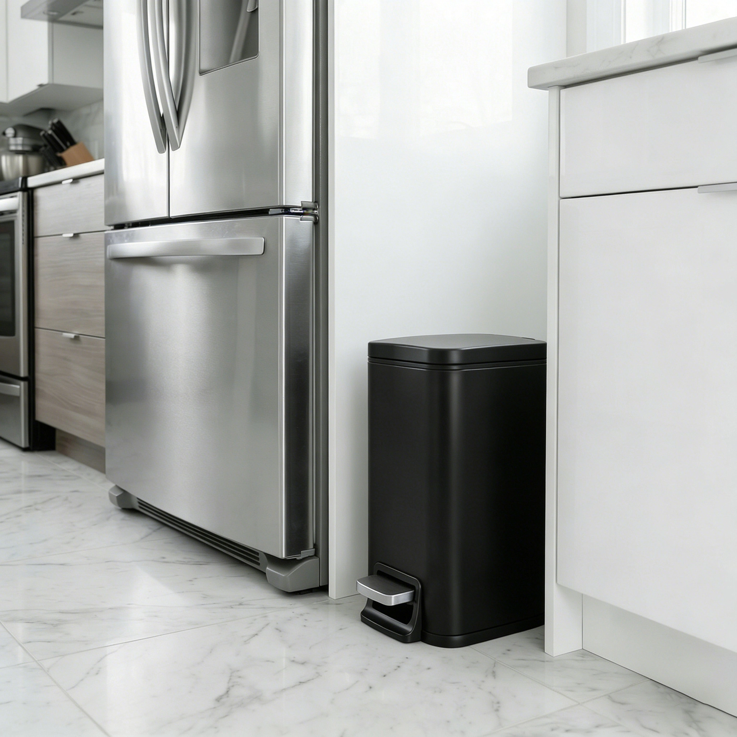 Innovaze Slim Bathroom Trash Can with Lid, 1.6 Gallon Stainless Steel Small Garbage Can, Black