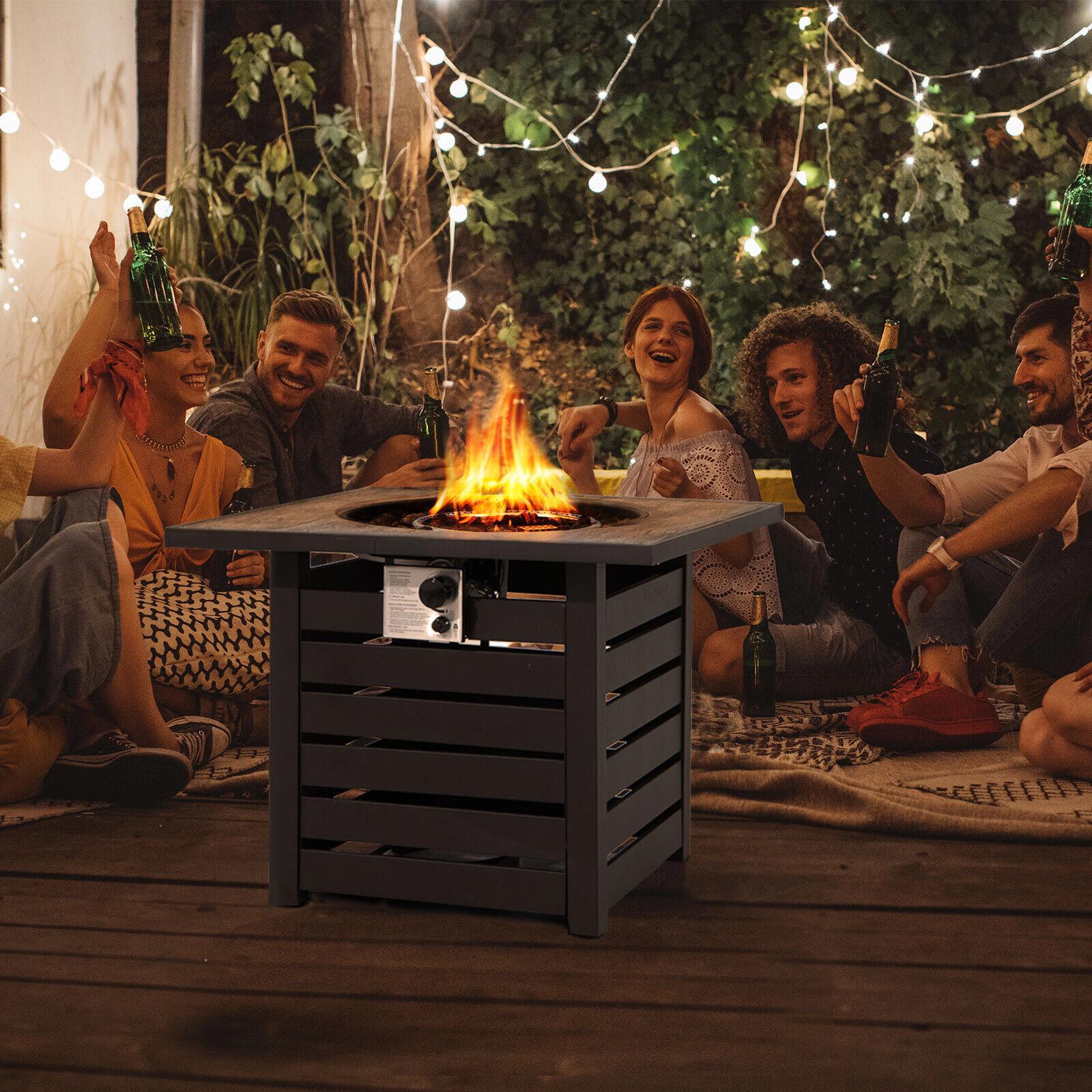 SUGIFT Square Propane Fire Pit Table 150-lb Tabletop Capacity with Lava Rocks and Rain Cover Black
