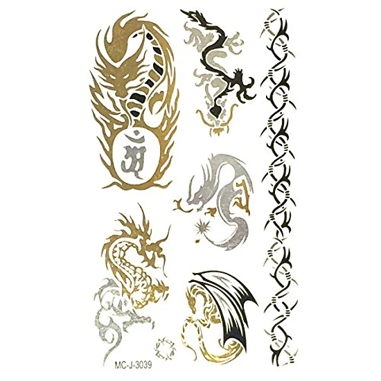 Wrapables Celebrity Inspired Temporary Tattoos in Metallic Gold Silver and Black, Dragon, Small