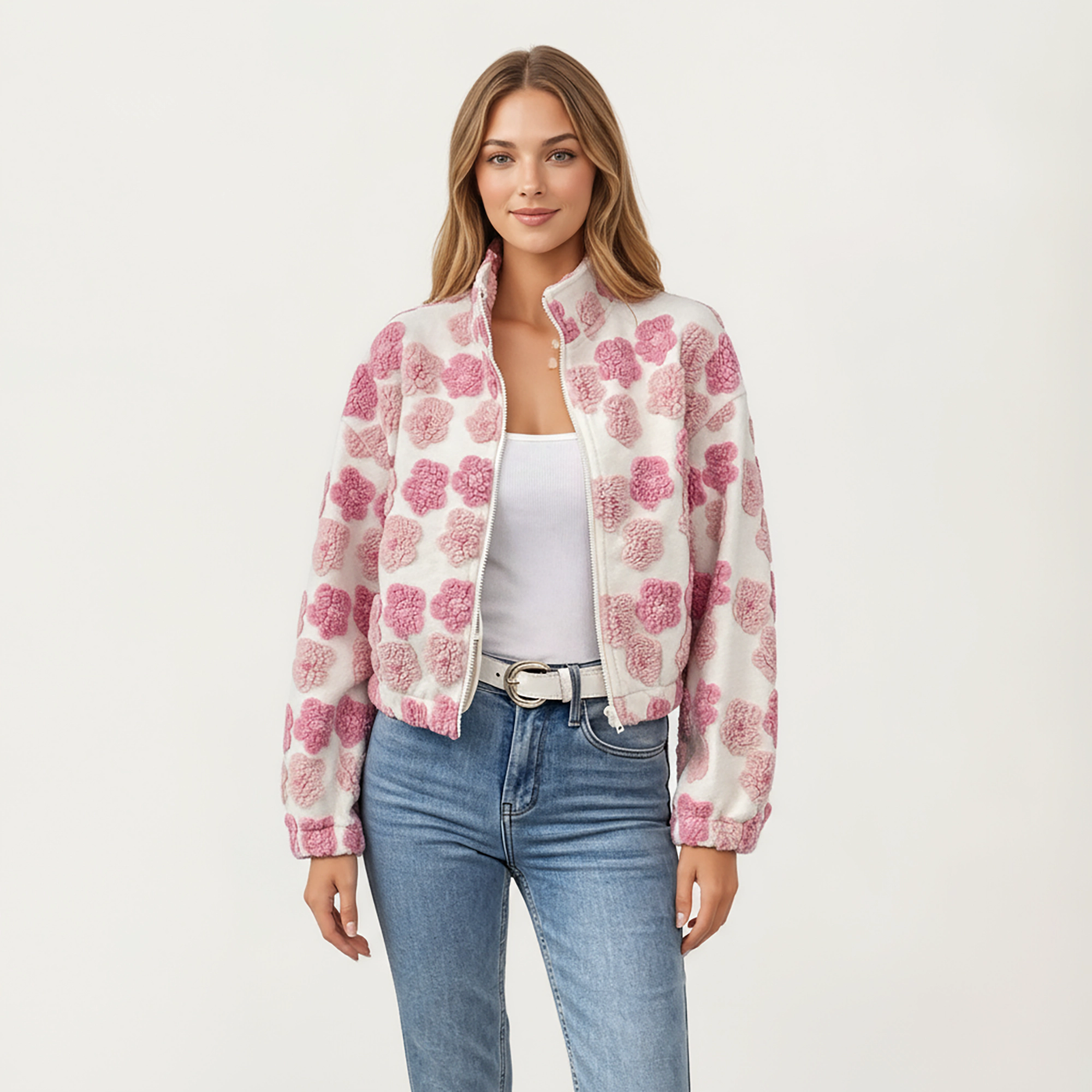 Anna-Kaci Women's Zip-Up Jacket with 3D Floral Pattern and Elastic Hem