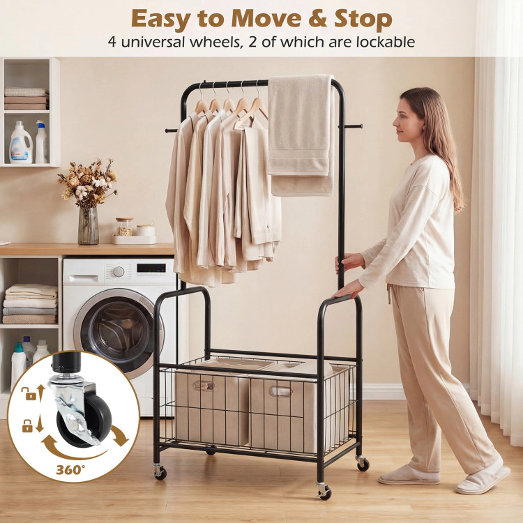Hivvago Rolling Metal Clothes Rack with Hanging Rod and Storage Basket