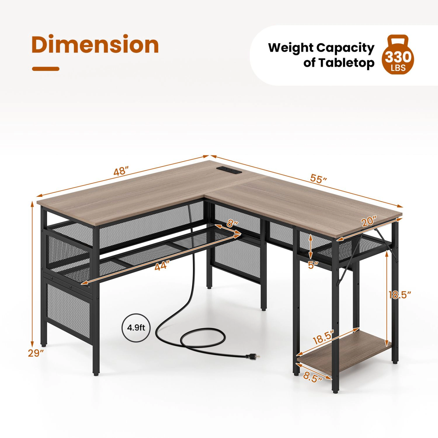 SlickBlue L-Shaped Computer Desk with Charging Station